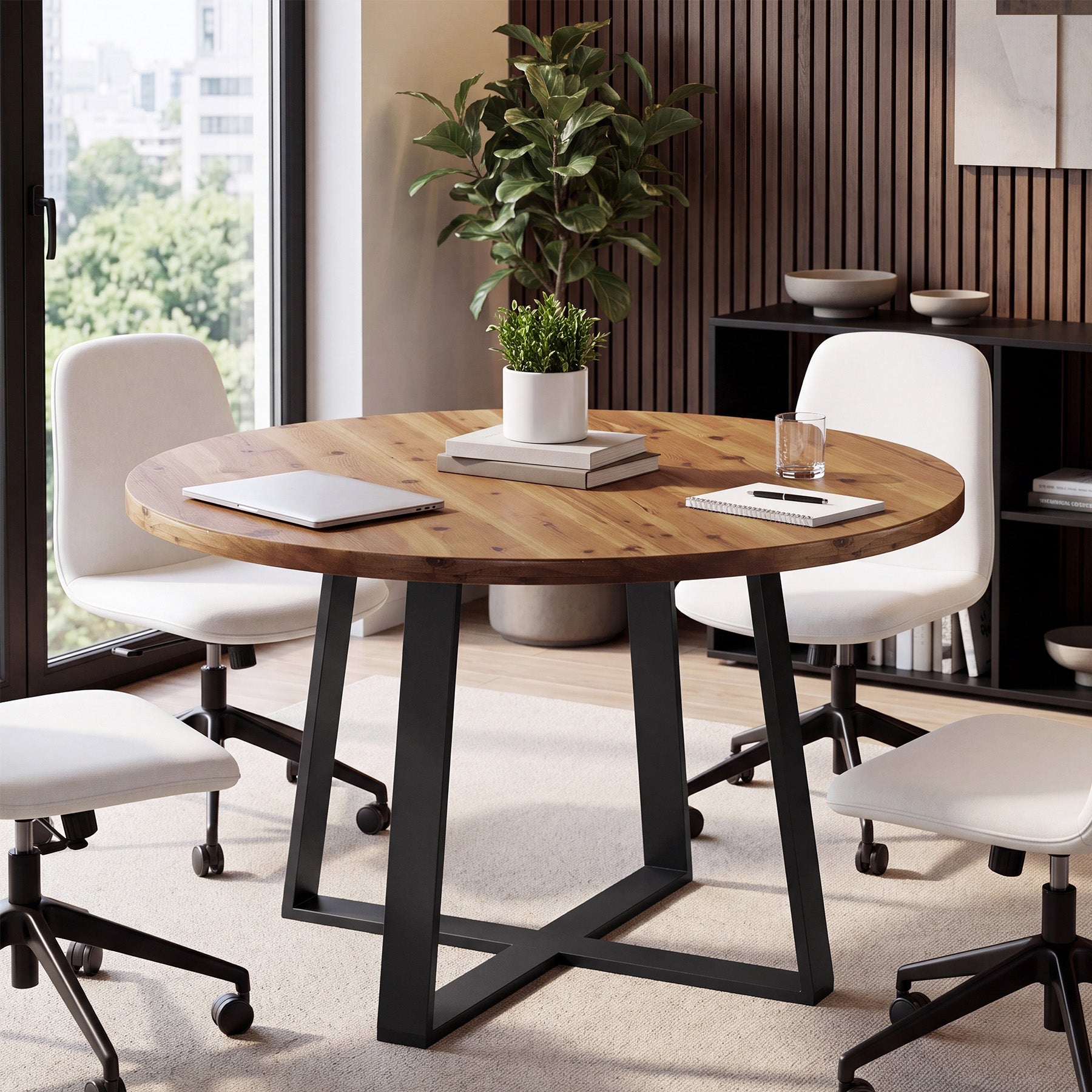 47" Round Conference Table, Solid Wood Meeting Table for Conference Room