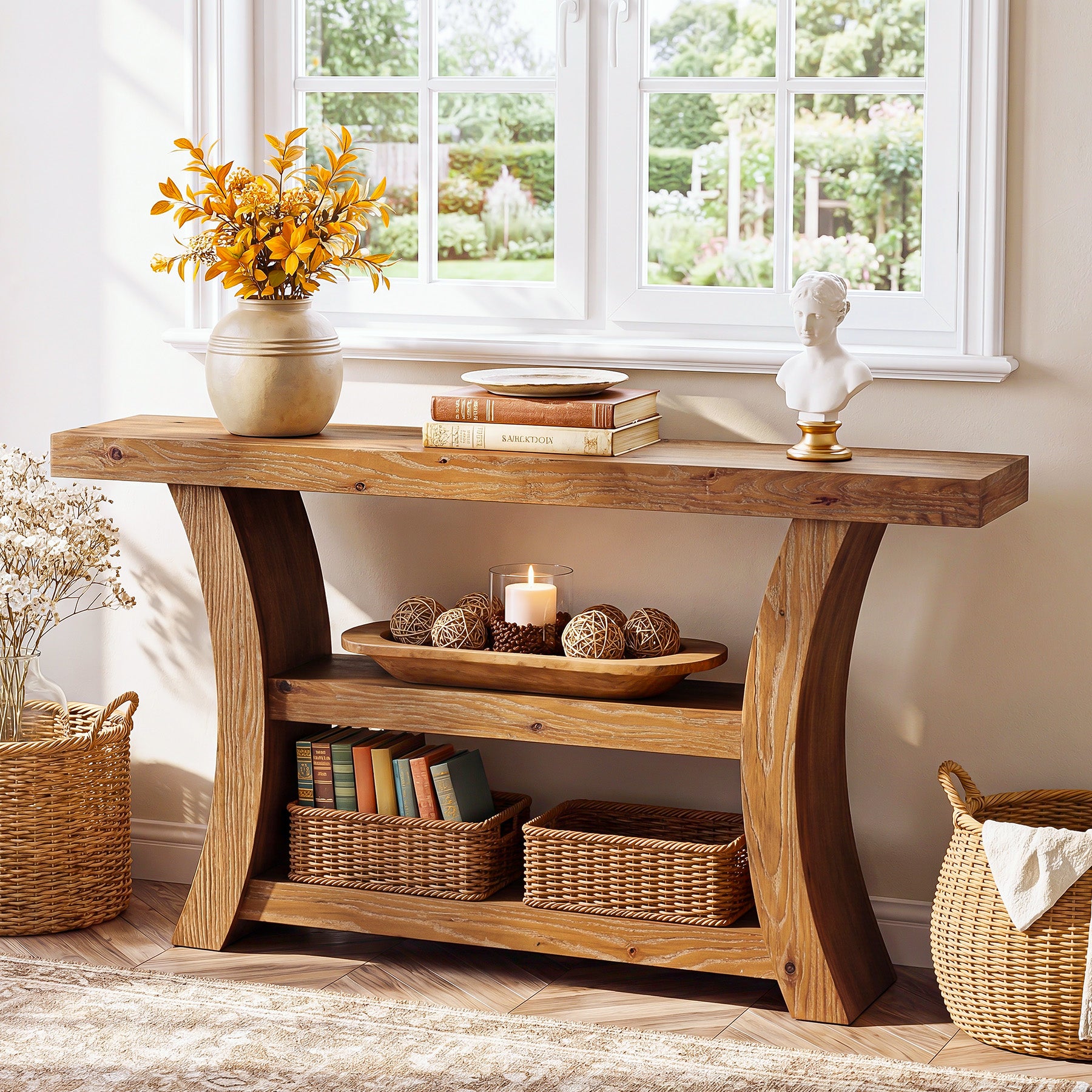 55" Solid Wood Console Table, 3-Tier Entryway Sofa Table with Open Shelves for Entrance