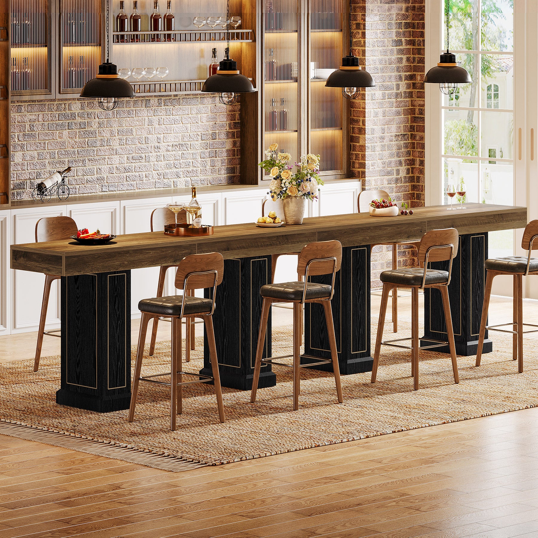71" Counter Height Bar Table for 6-8 People, Rustic Pub Table with Dual Pedestal Base & Gold Accents