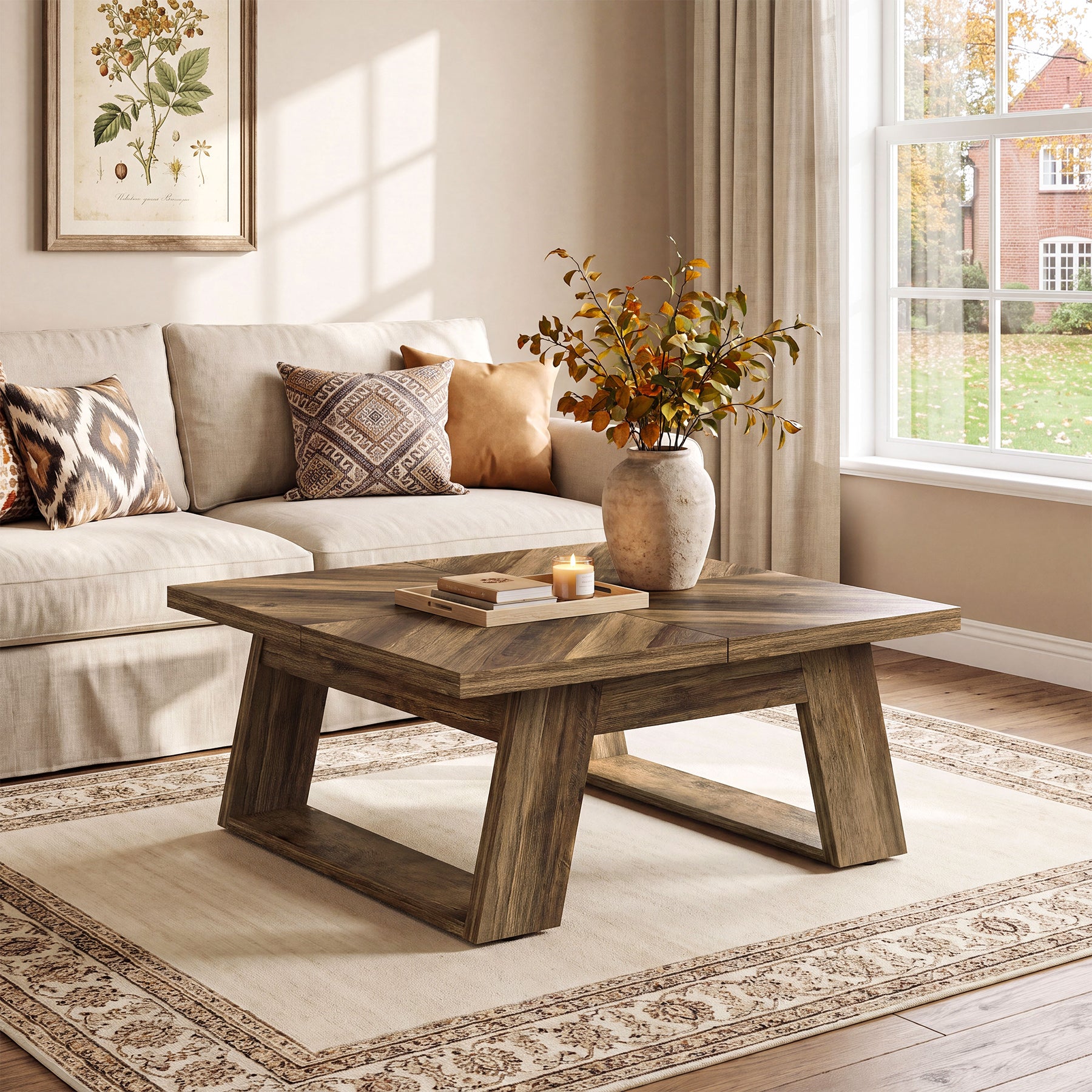 39.4" Square Coffee Table, Sturdy Center Table with Geometric Wood Grain