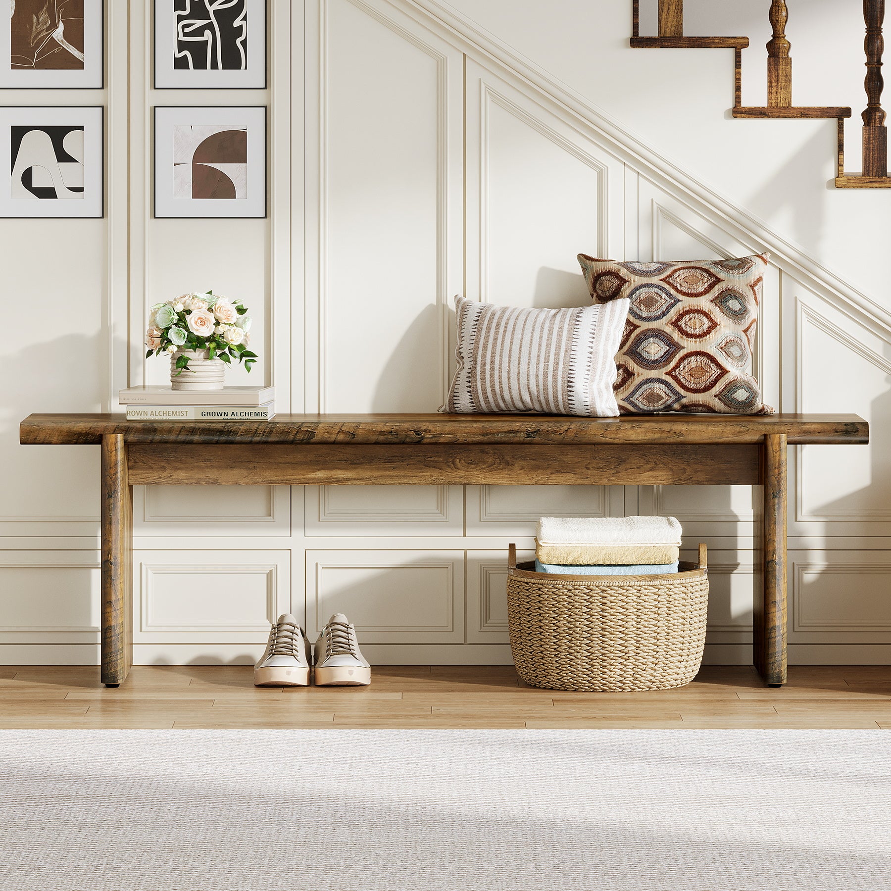 59" Entryway Bench, Farmhouse Shoe Bench Seat for Hallway