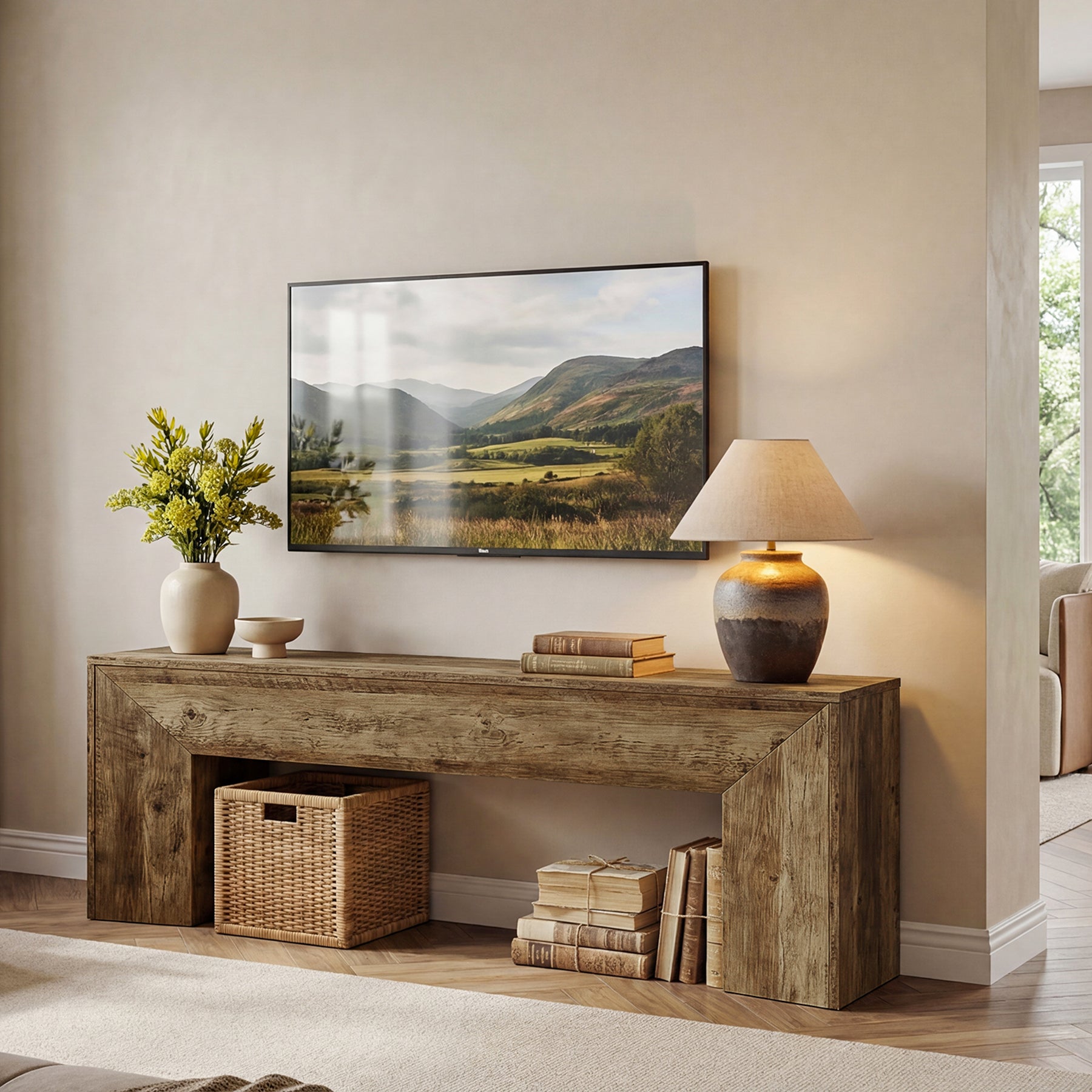 63" TV Stand with Hidden Metal Frame, Low Media Console Table for Living Room and Bedroom