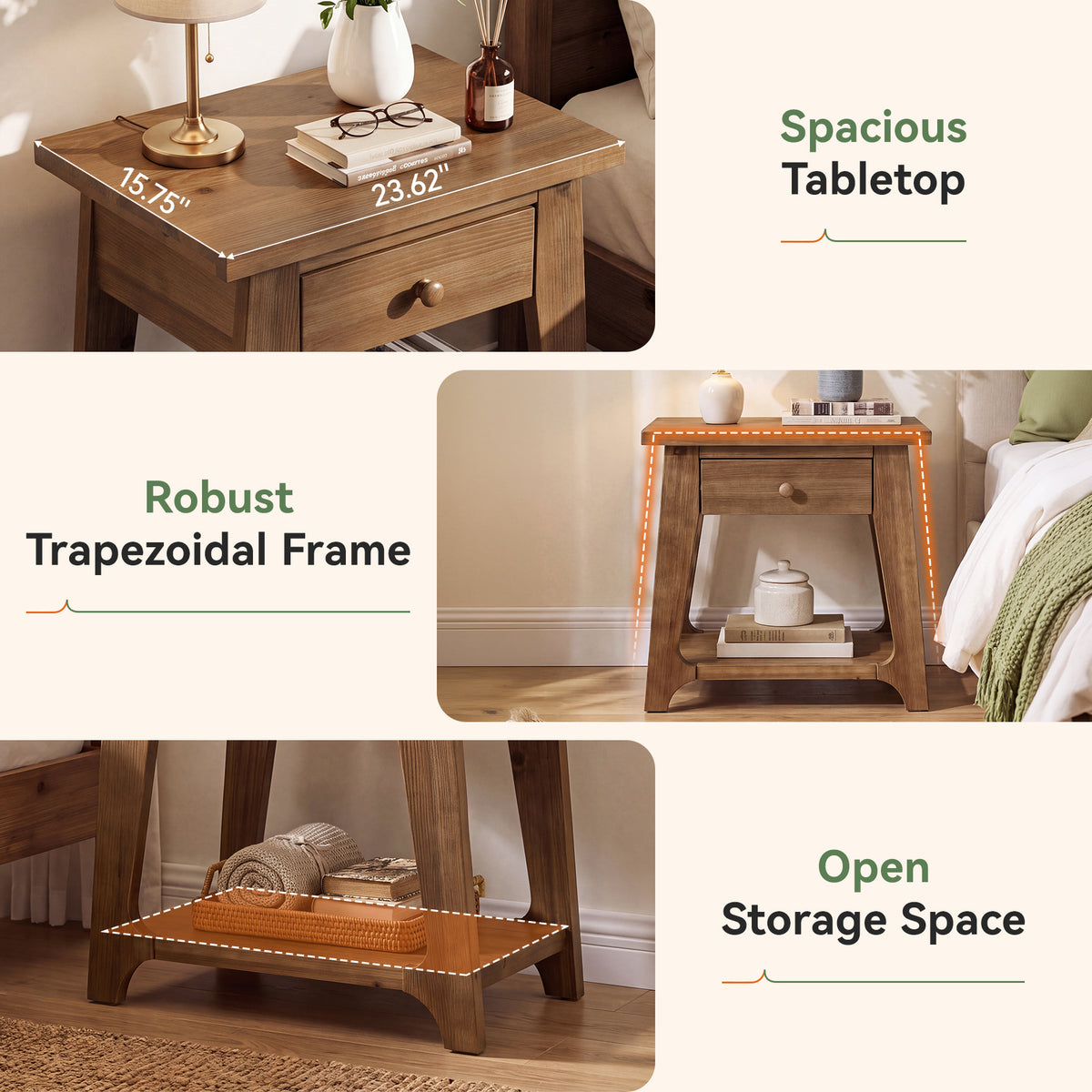 Solid Wood Nightstand, Farmhouse Bedside Table with Drawer & Open Shelf