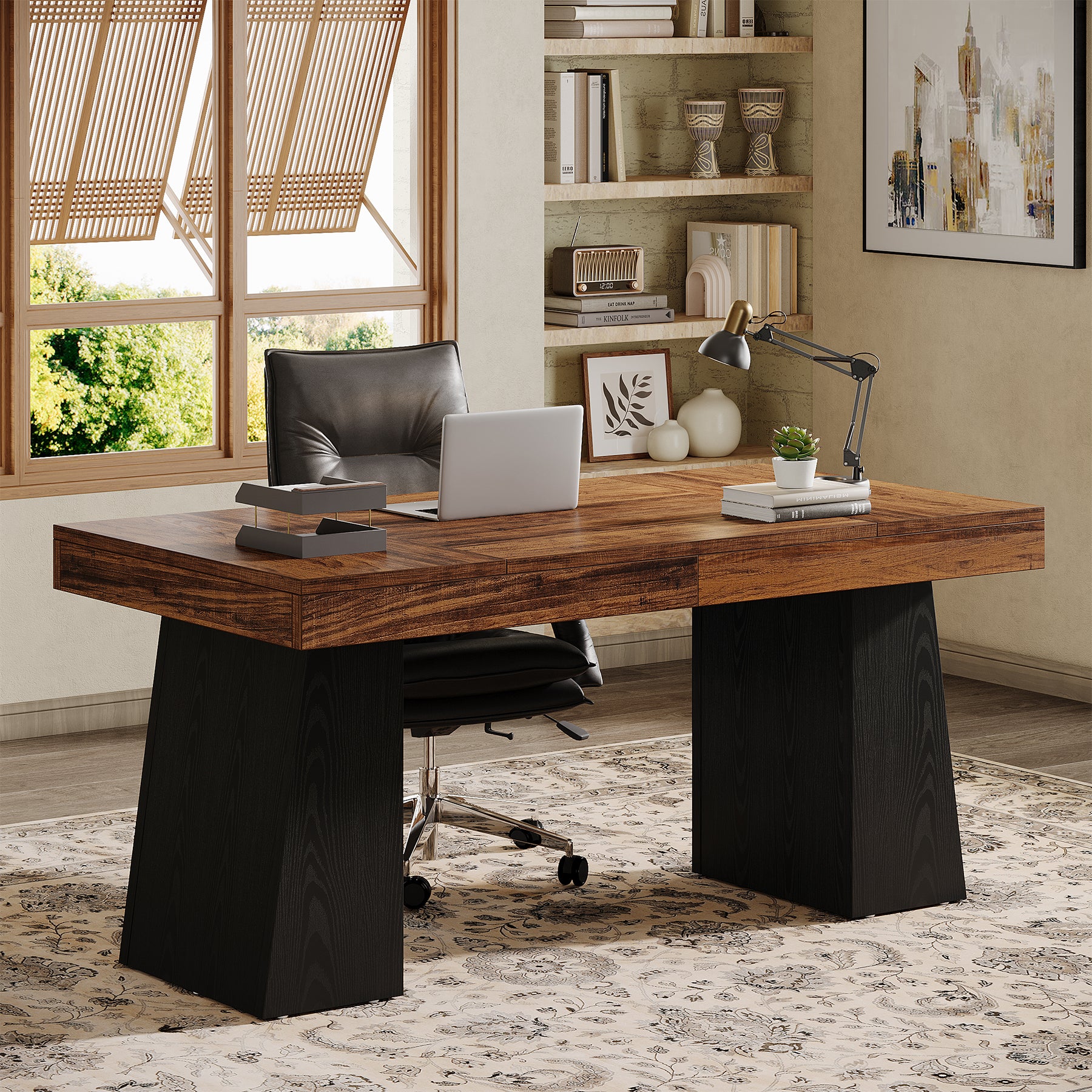 55" Executive Office Desk with Double Trapezoid Base, Modern Wooden Computer Desk for Home Office