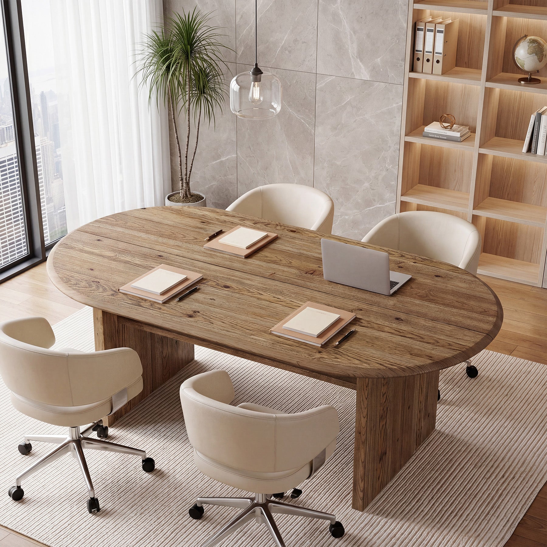 63" Solid Wood Executive Desk, Oval Computer Desk with Storage Shelf for Home Office