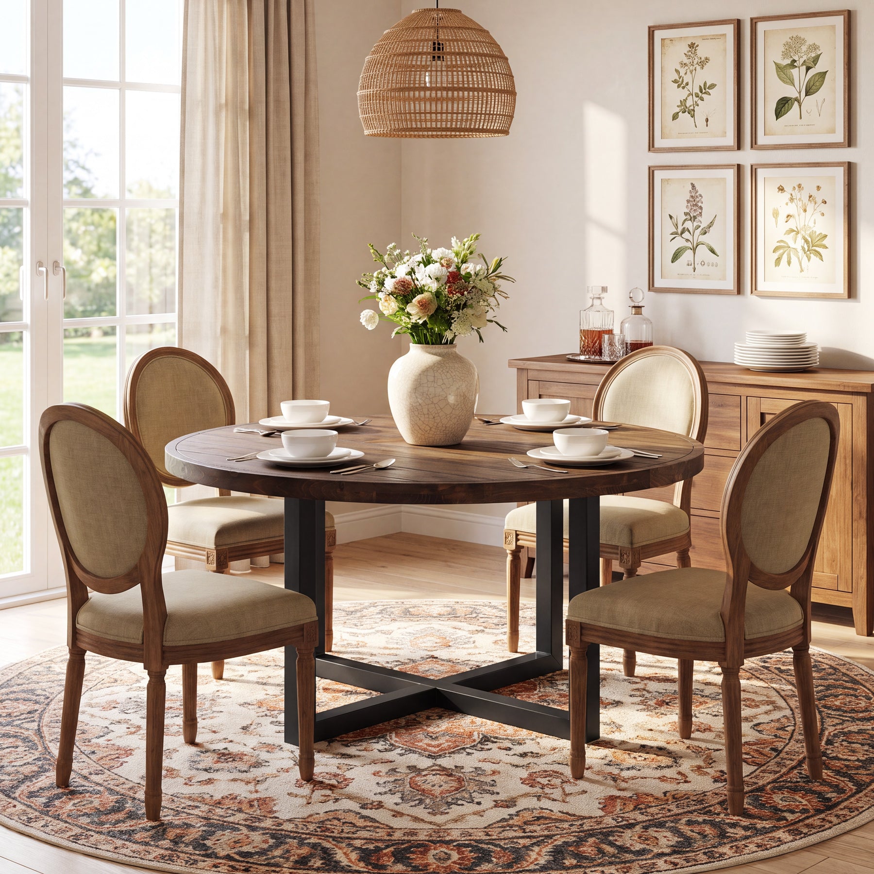 47" Round Dining Table, Solid Wood Kitchen Table with Metal Cross Base for 4-6