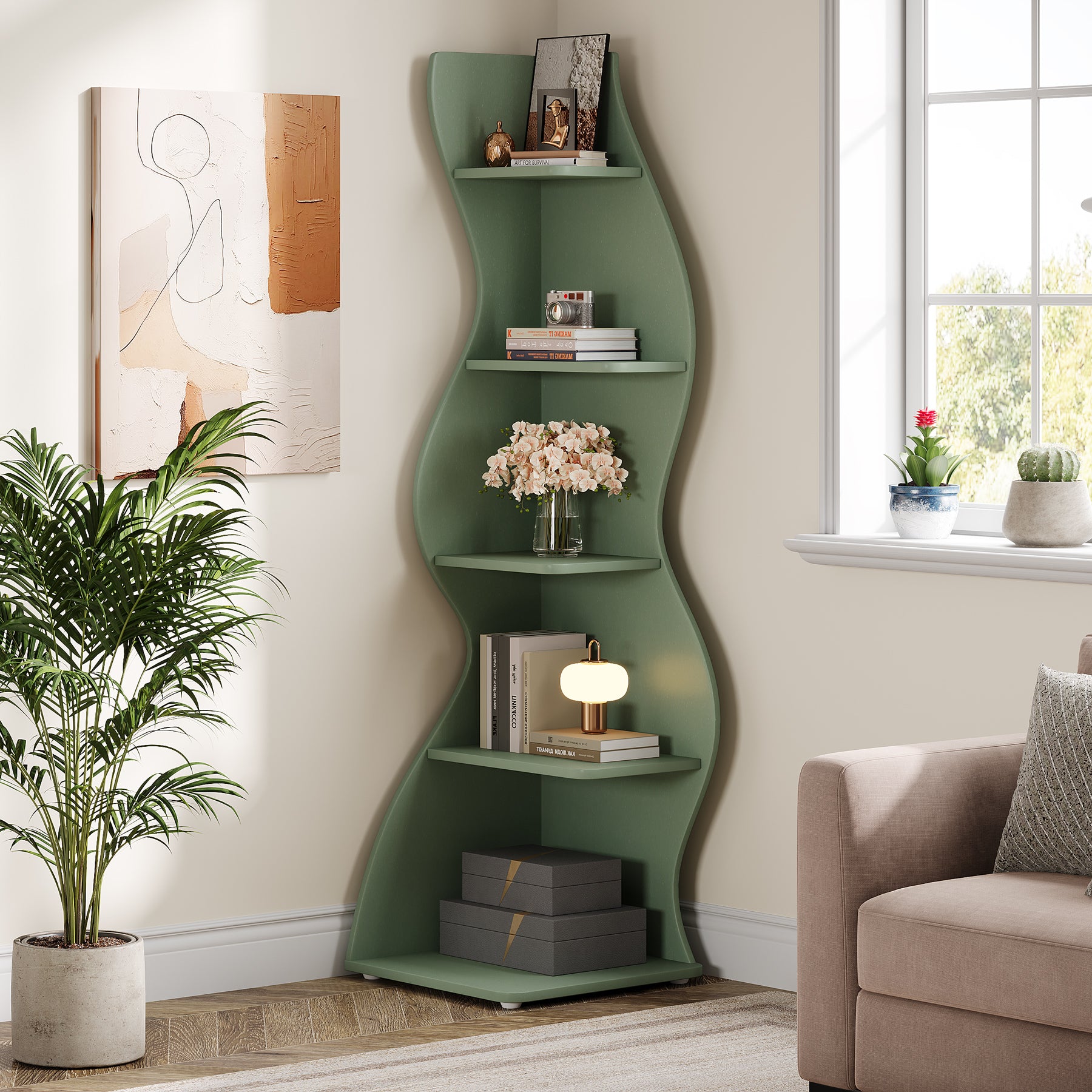 Wavy Corner Shelf, 5-Tier Bookshelf Bookcase Display Rack-Tribesigns
