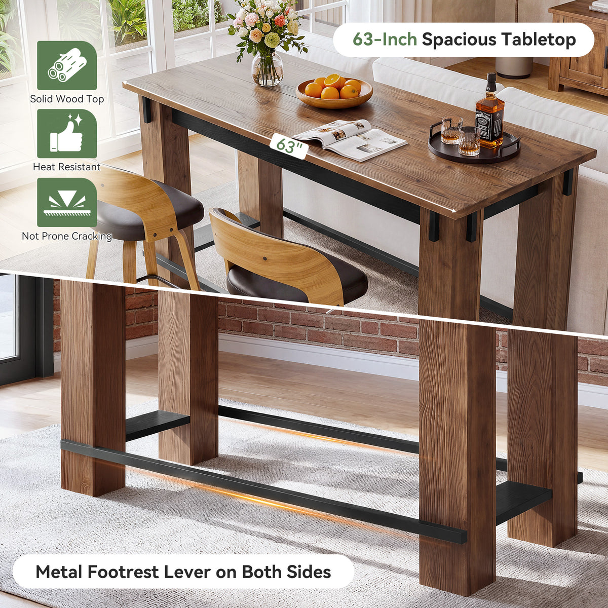 63" Farmhouse Solid Wood Bar Table, Metal Footrest, Counter Height Rectangle Pub Table