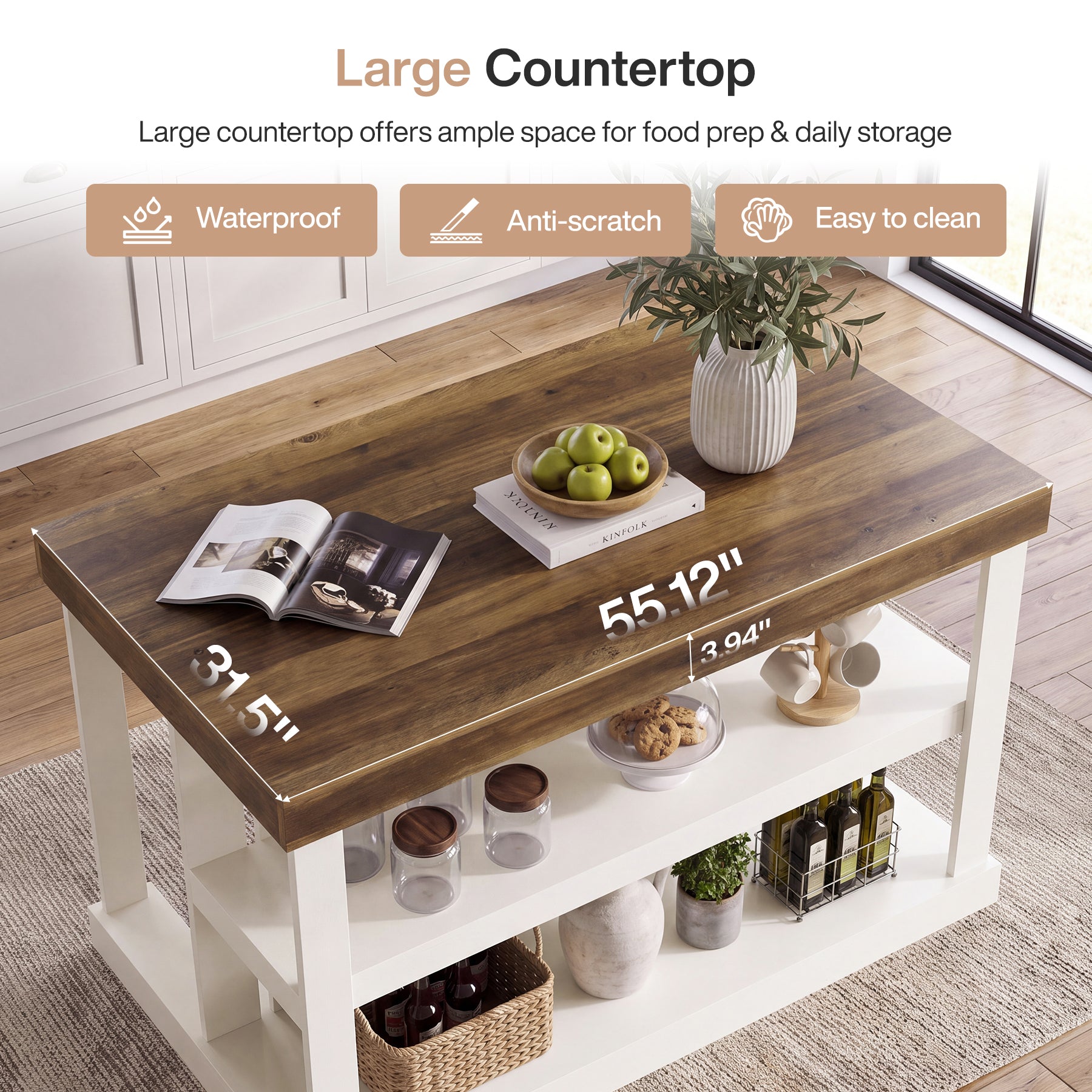55-Inch Kitchen Island with Storage, Farmhouse Freestanding Island Table
