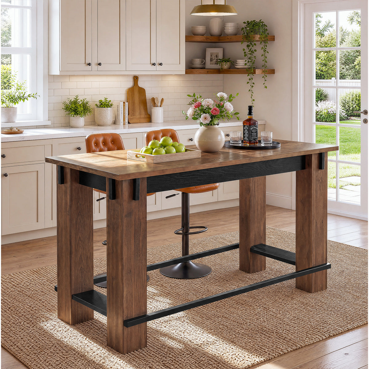 63" Farmhouse Industrial Kitchen Island with Footrest, Counter Height Solid Wood