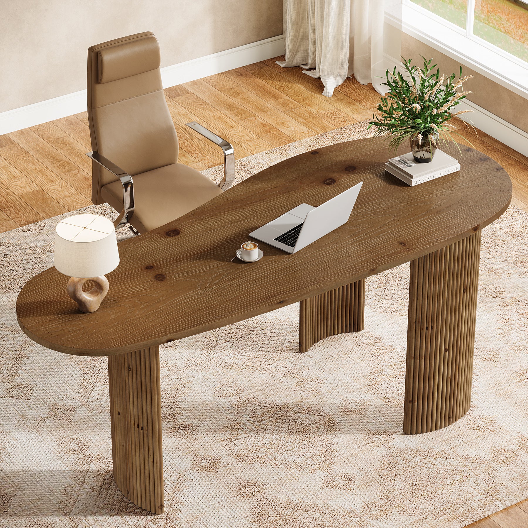 59" Solid Wood Executive Desk, Curved Computer Desk with Fluted Wooden Legs