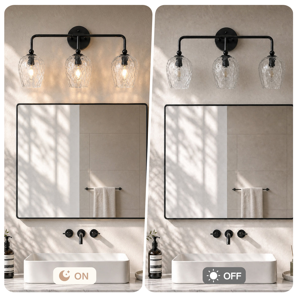 3-Light 22" Bathroom Vanity Light, Matte Black Wall Sconce with Water Ripple Glass