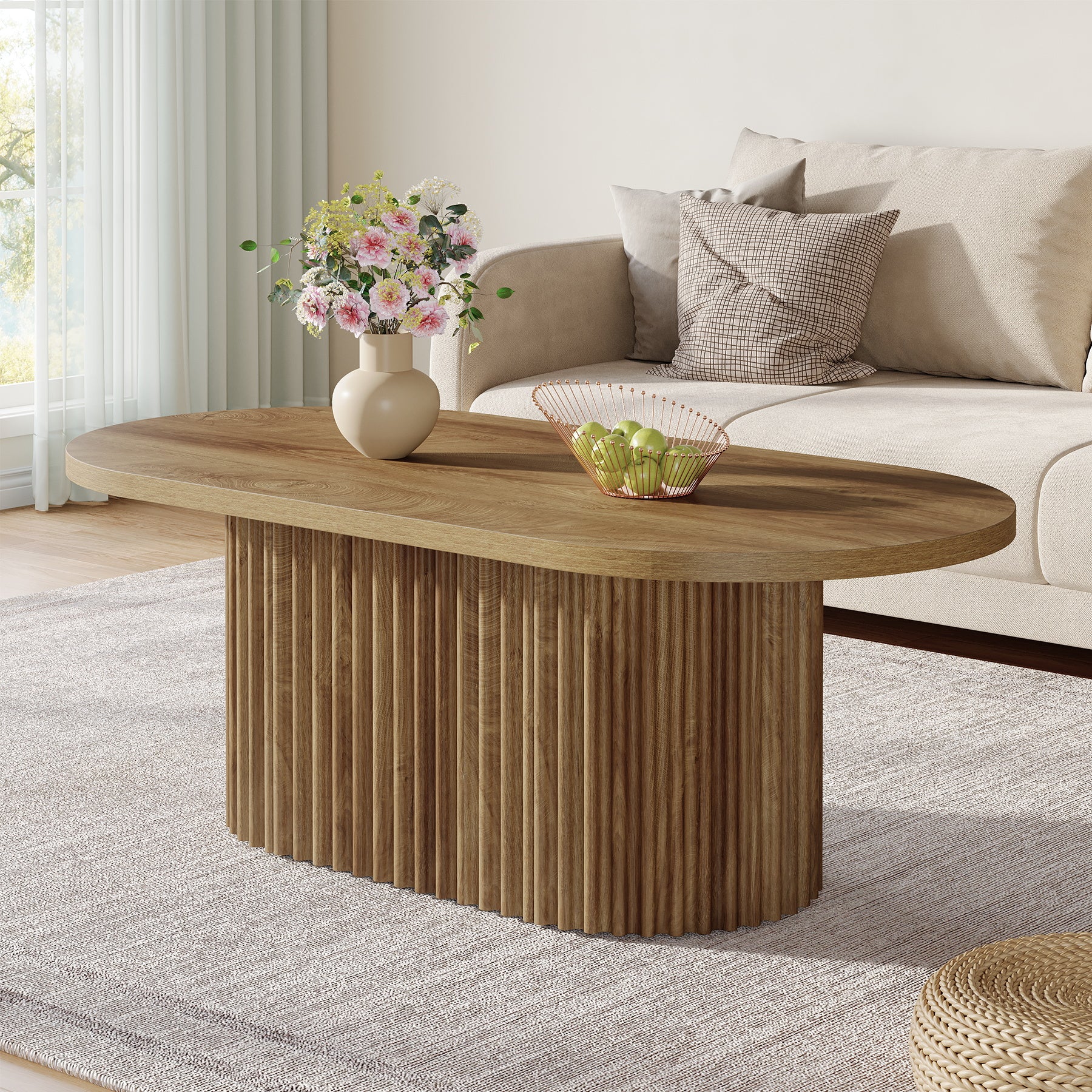 47.2" Oval Coffee Table, Farmhouse Center Table with Fluted Design