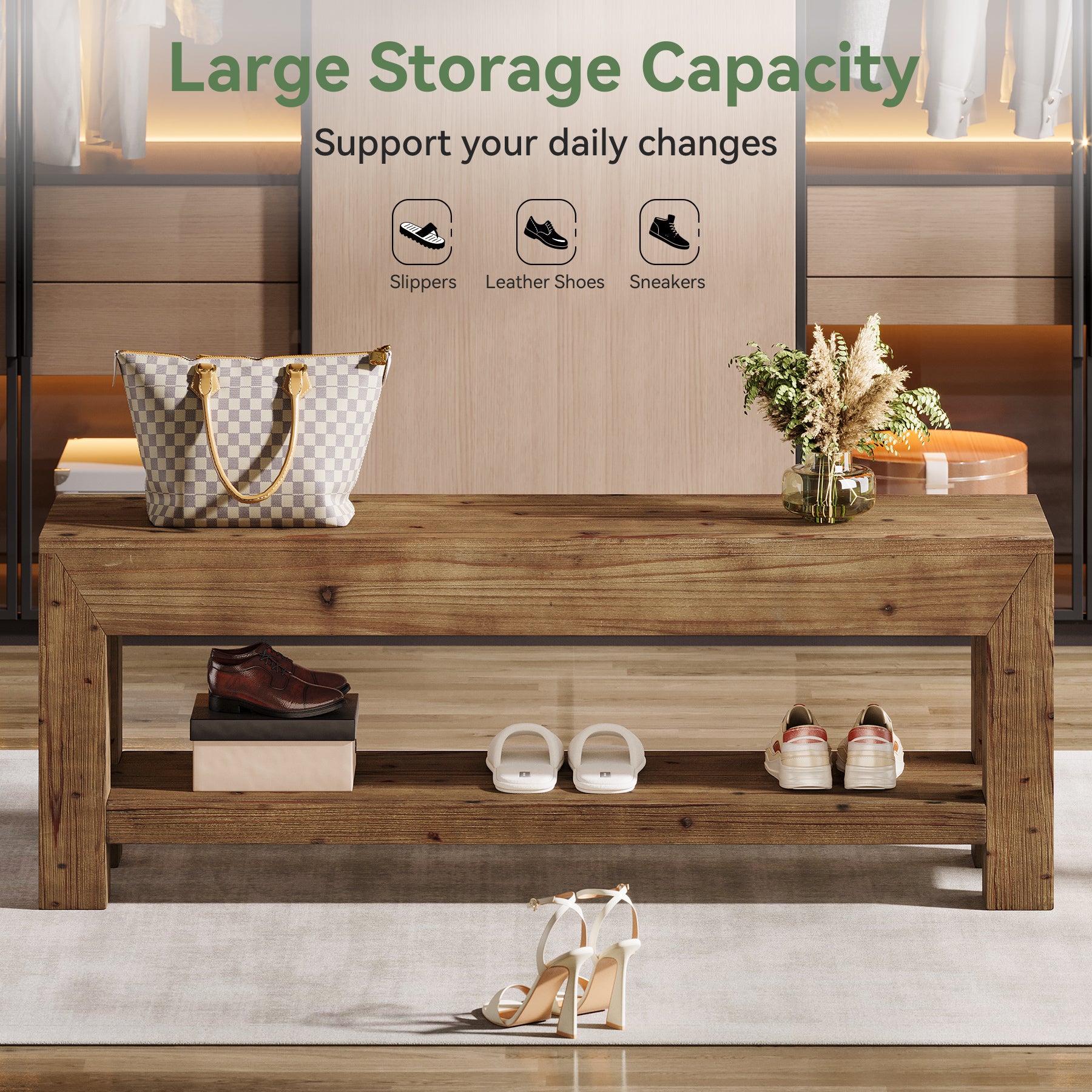 47.24" Solid Wood Entryway Bench, Narrow Shoe Bench with Open Shelves