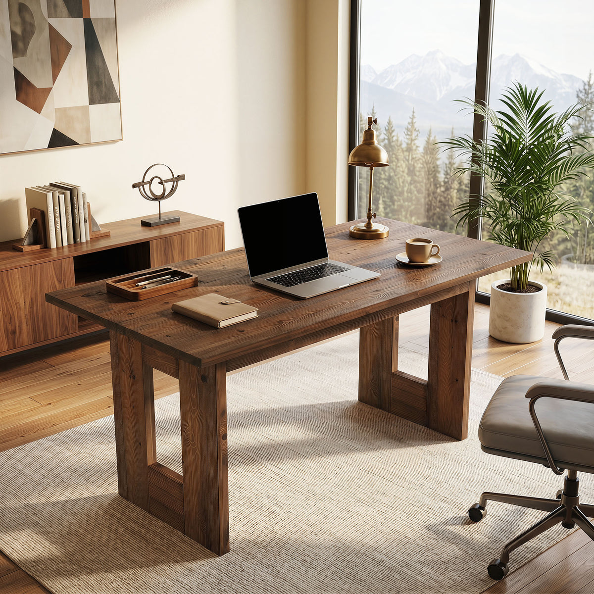 63" Rustic Solid Wood Computer Desk, Heavy Duty Writing Desk, Home Office Workstation