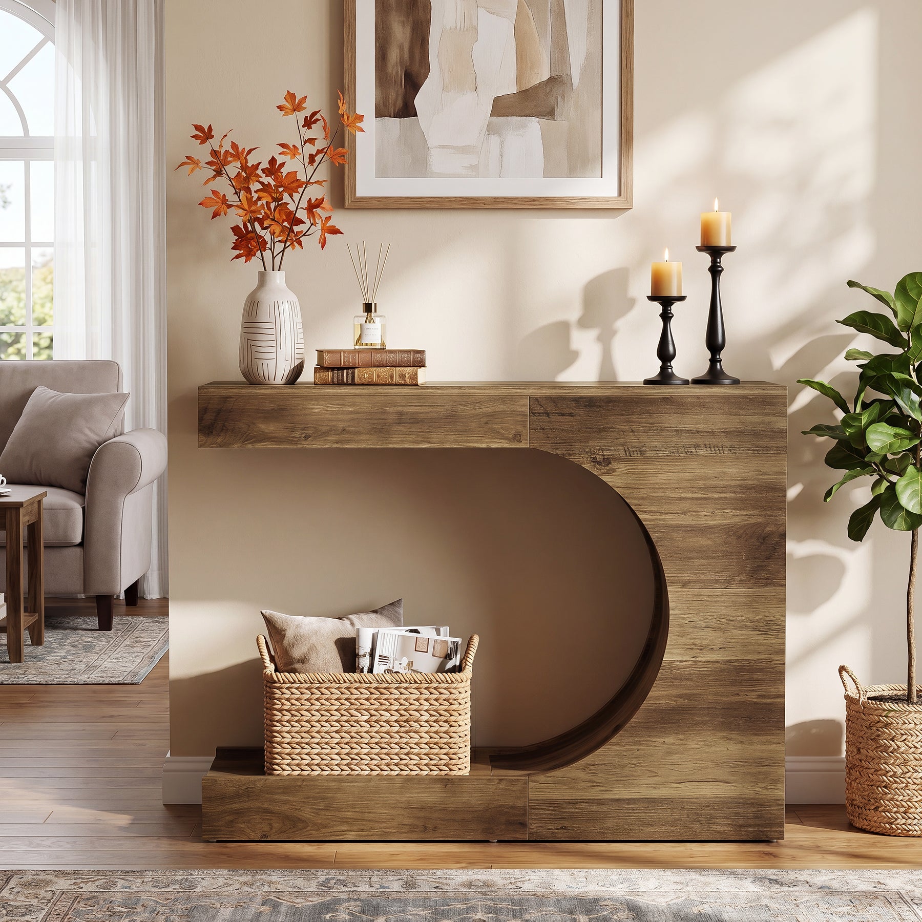 39.4" C-Shaped Console Table, 2-Tier Entryway Sofa Table Behind Couch for Hallway