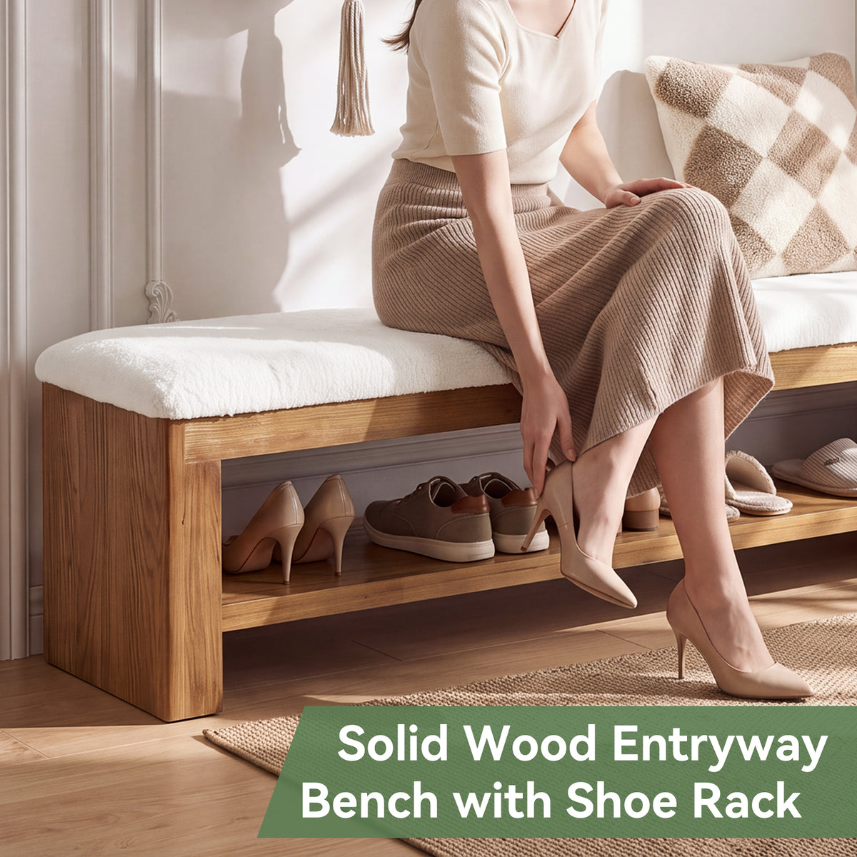 63" Solid Wood Entryway Bench with Cushion and Storage, Upholstered Shoe Bench for Hallway