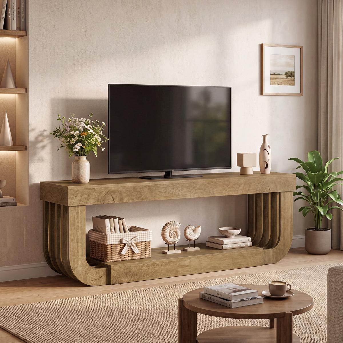 63" TV Stand, Modern Entertainment Center Media Console with Curved Open Storage