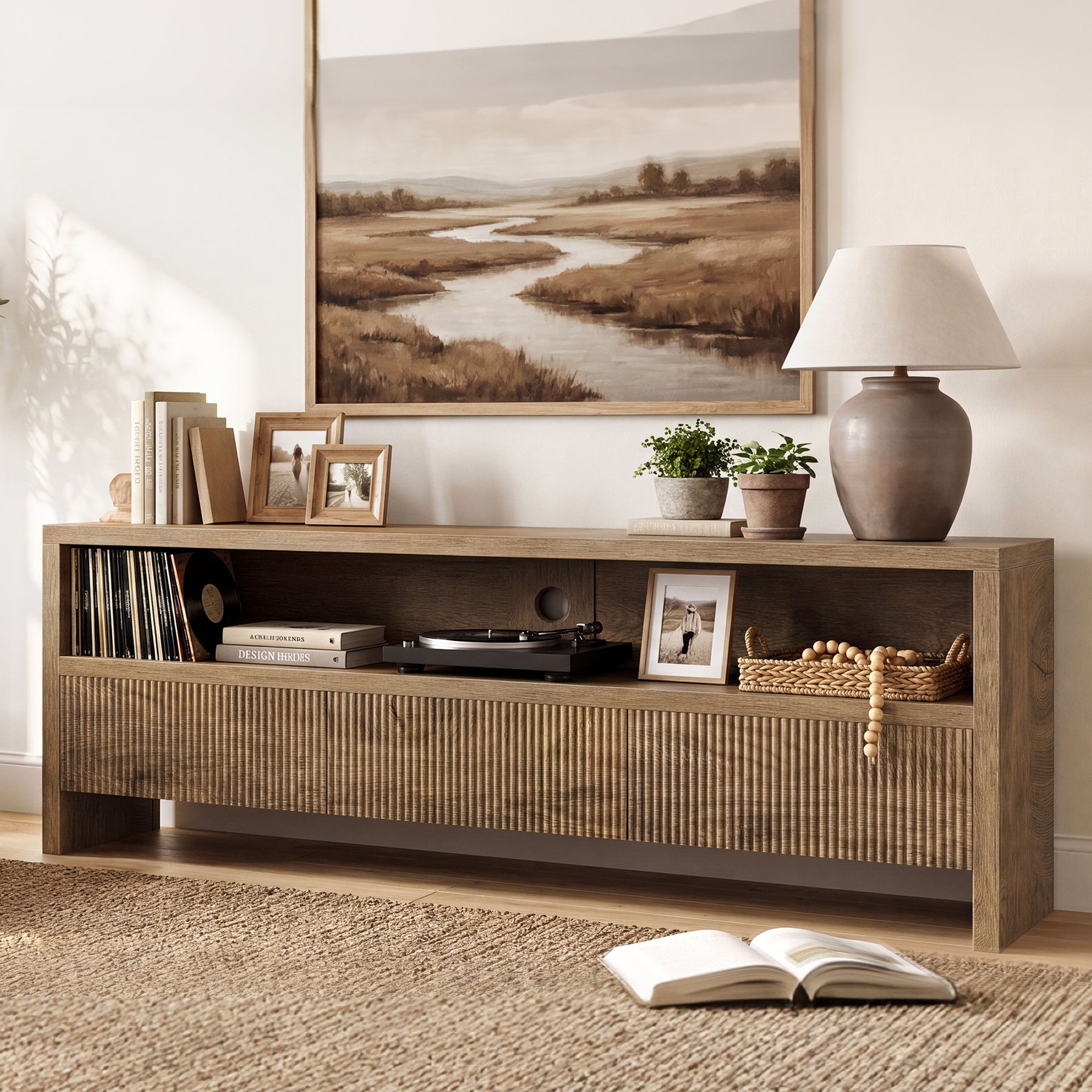 Tribesigns 63-Inch TV Stand with 3 Drawers and Open Shelves, Farmhouse Media Console for Living Room