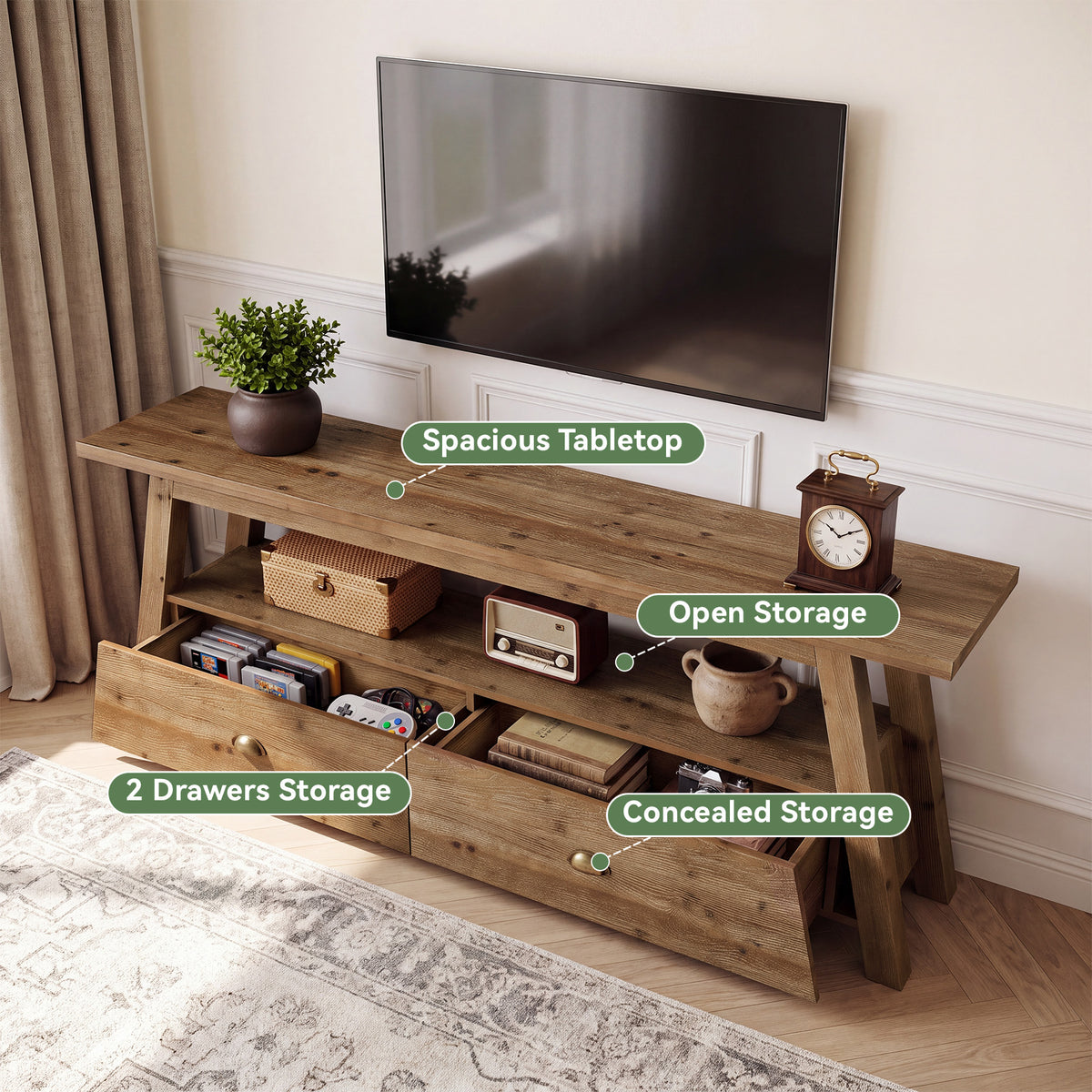 63" TV Stand for TVs Up to 70", Solid Wood 2-Tier Media Console with Drawers