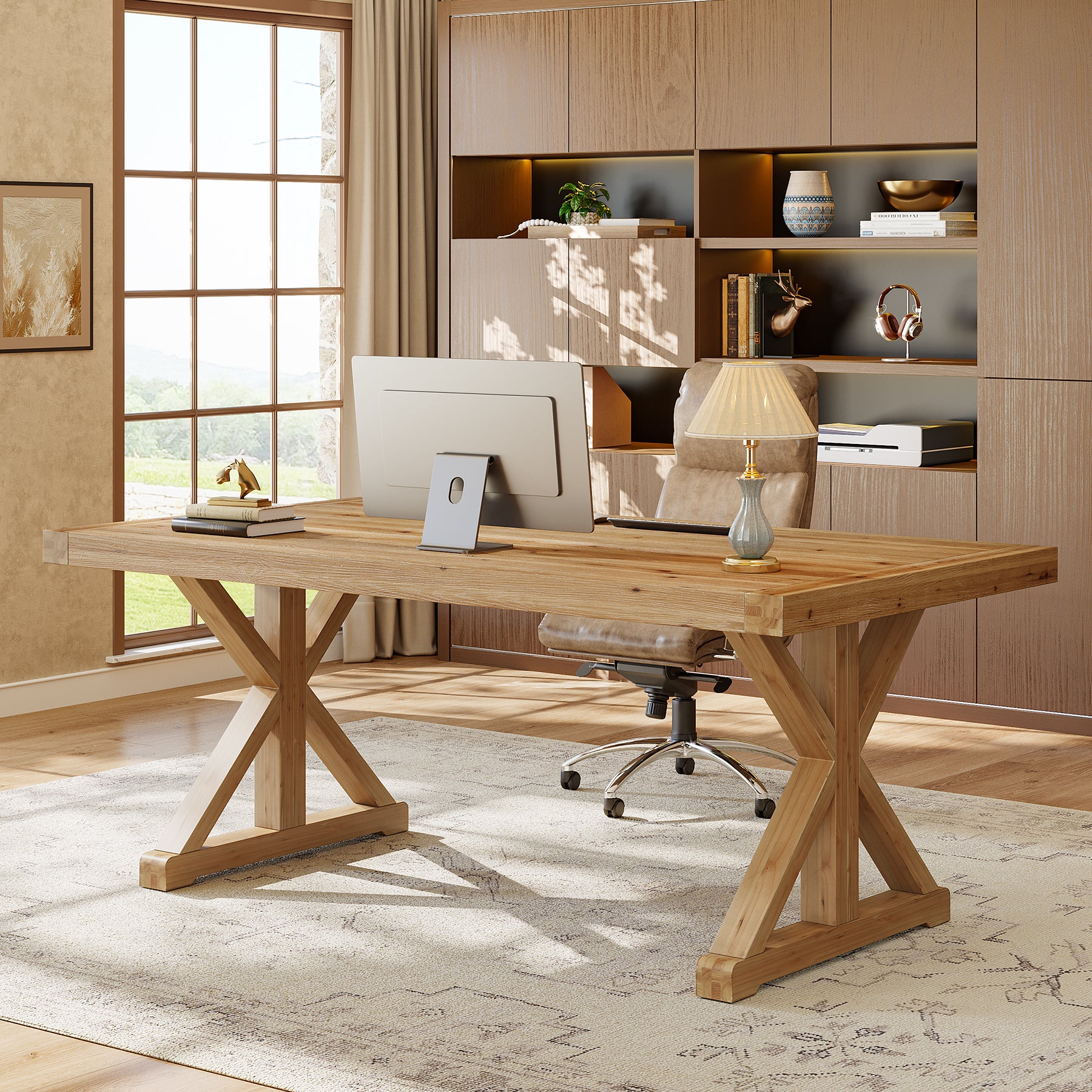 63" Rustic Computer Desk, Solid Wood Executive Desk for Office