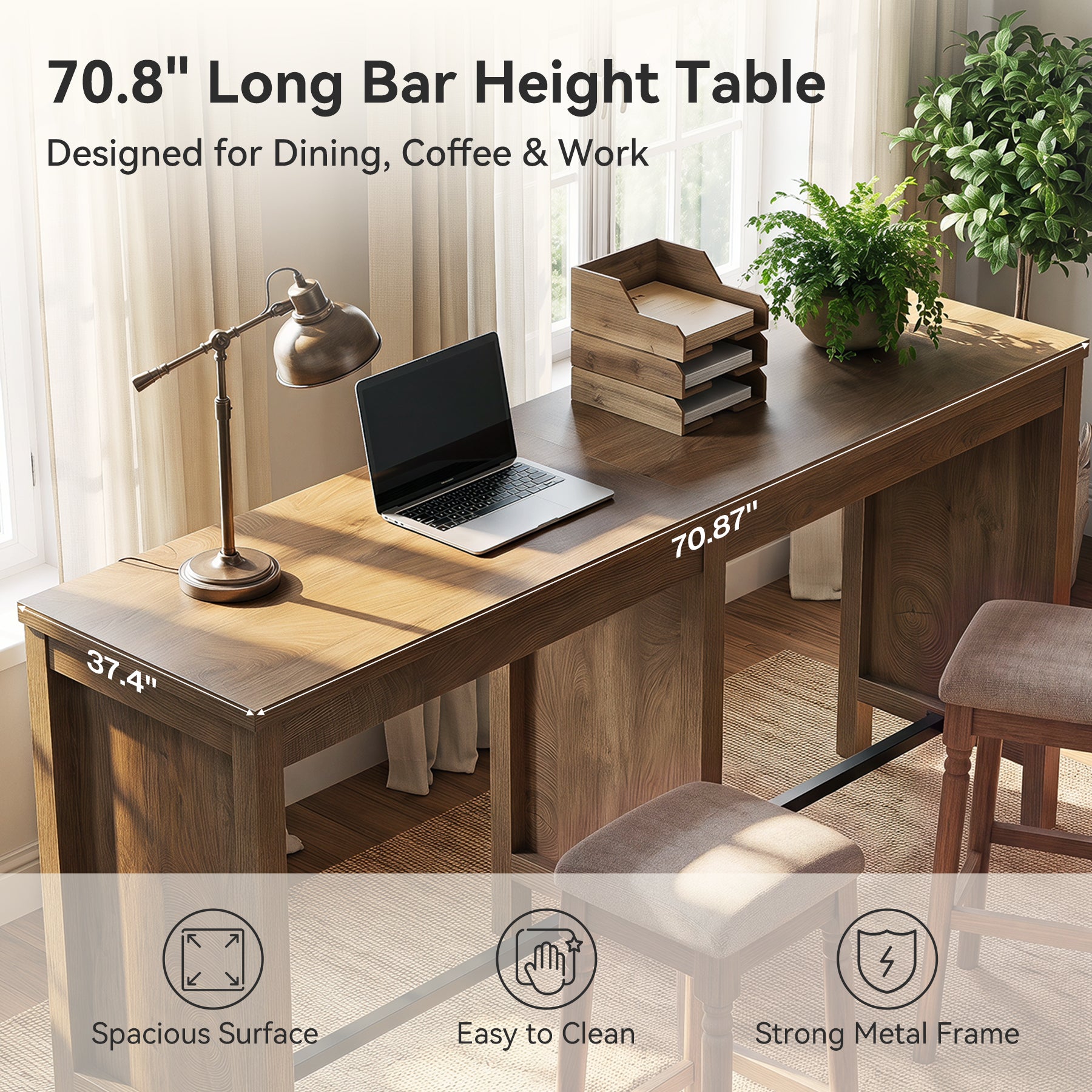 70.9" Farmhouse Bar Table for 4-6, Counter Height Pub Table with Metal Footrests