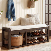 55" Solid Wood Shoe Storage Bench, Upholstered Entryway Bench with Removable Cushion 3