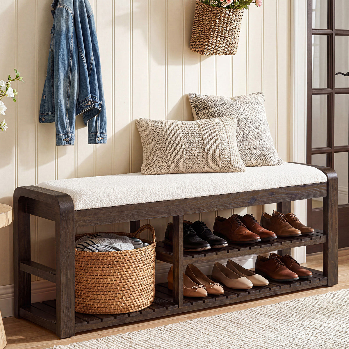 55" Solid Wood Shoe Storage Bench, Upholstered Entryway Bench with Removable Cushion