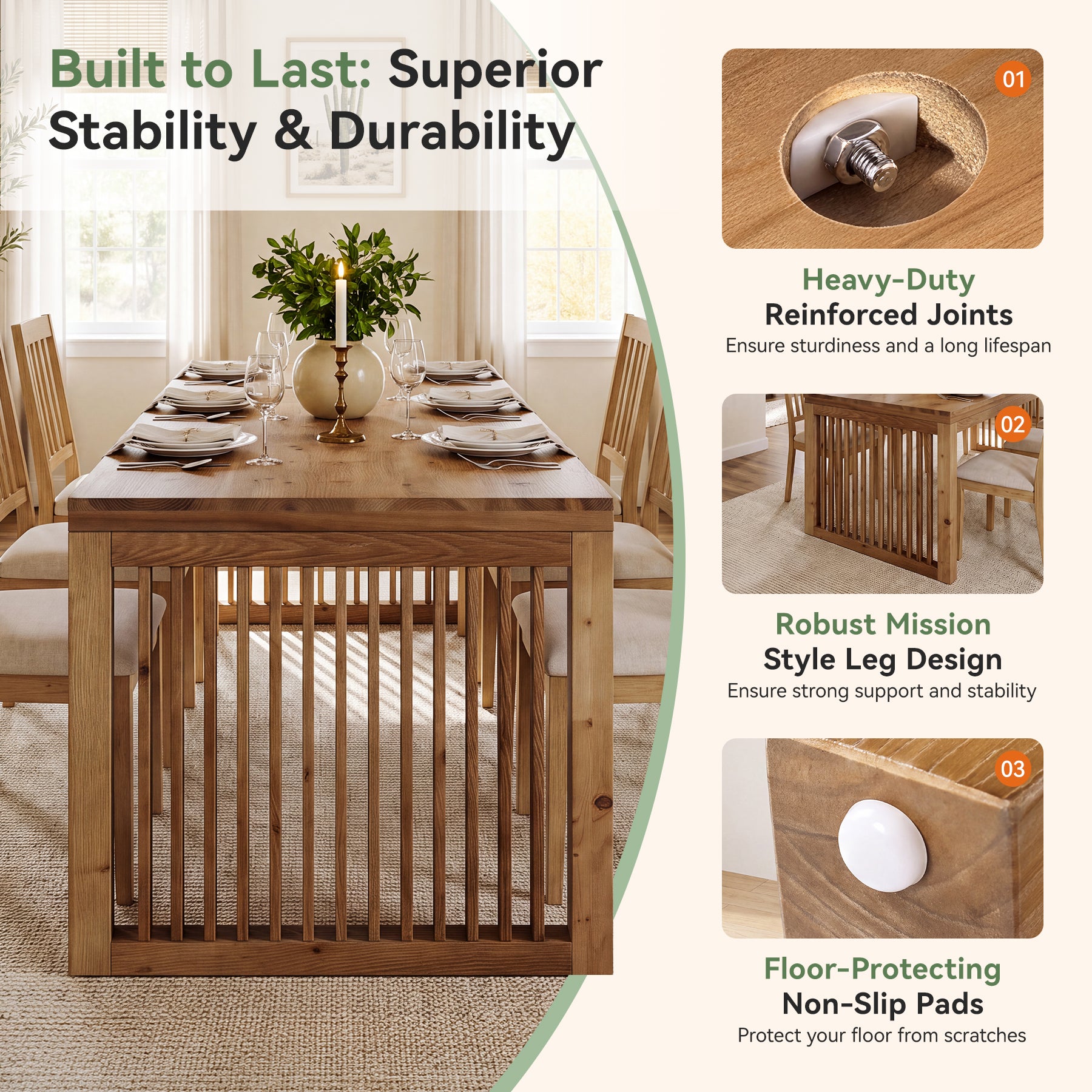 79" Solid Wood Dining Table, Rectangular Kitchen Table with Slat Legs for 6-8 People