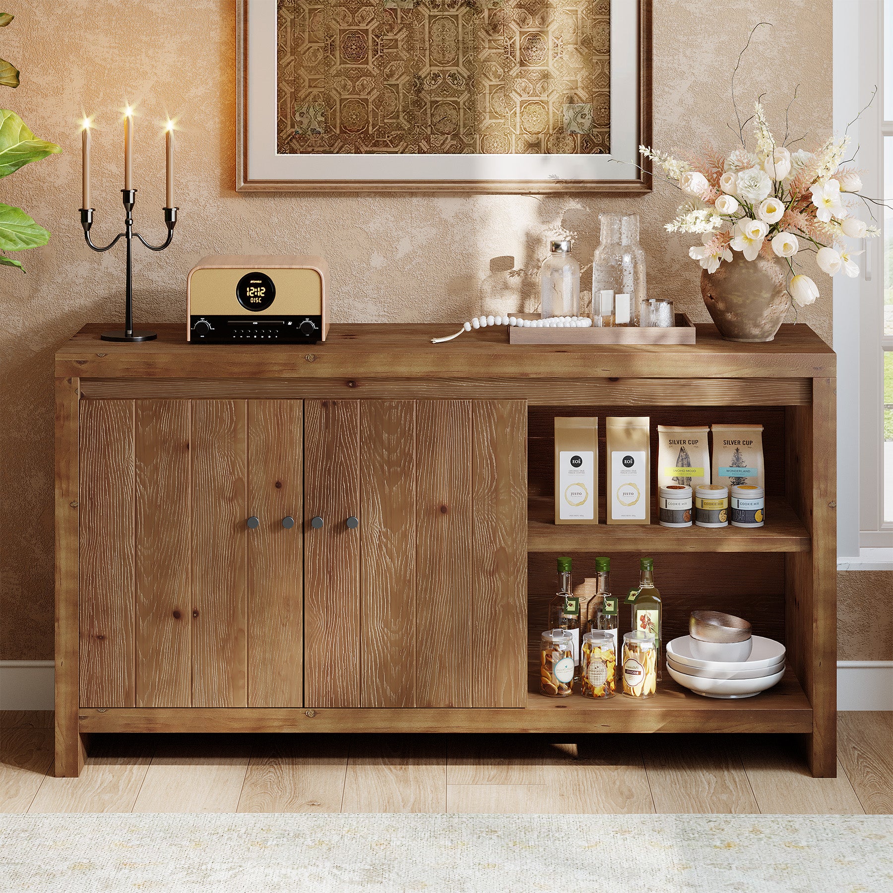 Solid Wood Buffet Sideboard, 55" Storage Cabinet with 2 Doors & Adjustable Shelves