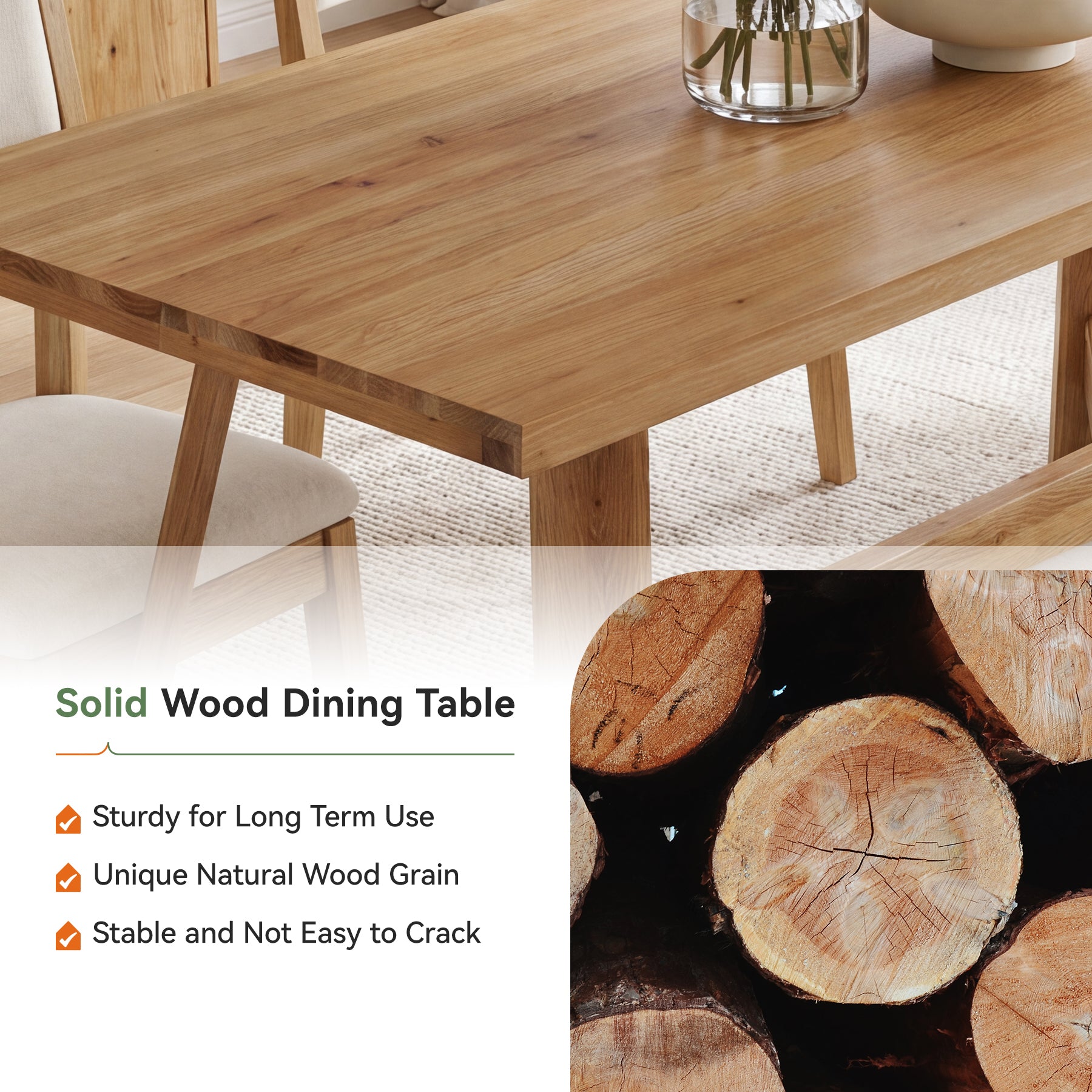 63"  Solid Wood Dining Table for 6 People, Rectangle Kitchen Dinner Table for Dining Room