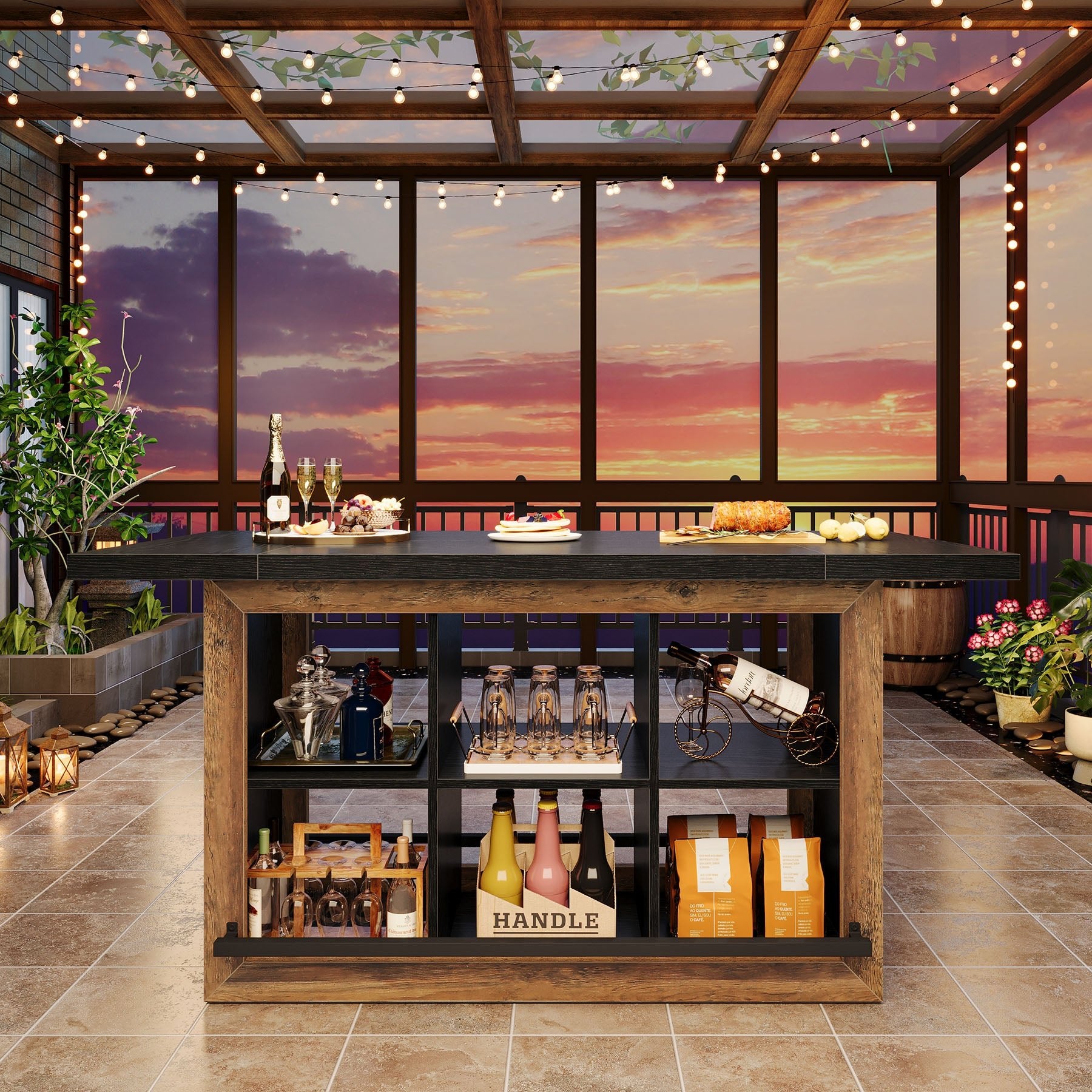 62.6" Bar Table, Rectangular Home Bar Cabinet Unit with 6 Spacious Cubbies