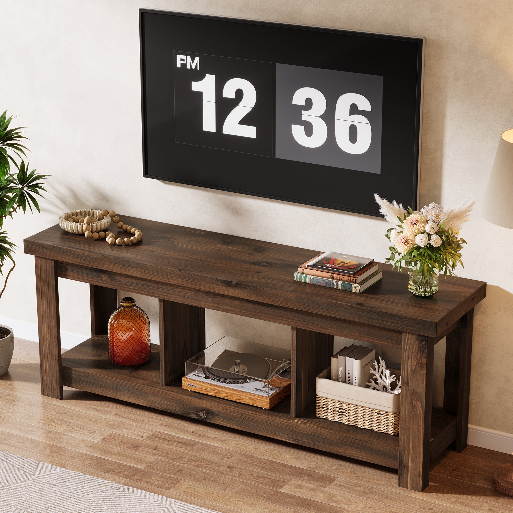63" Solid Wood TV Stand With 3 Open Shelves for 55/60/65/75-Inch TVs