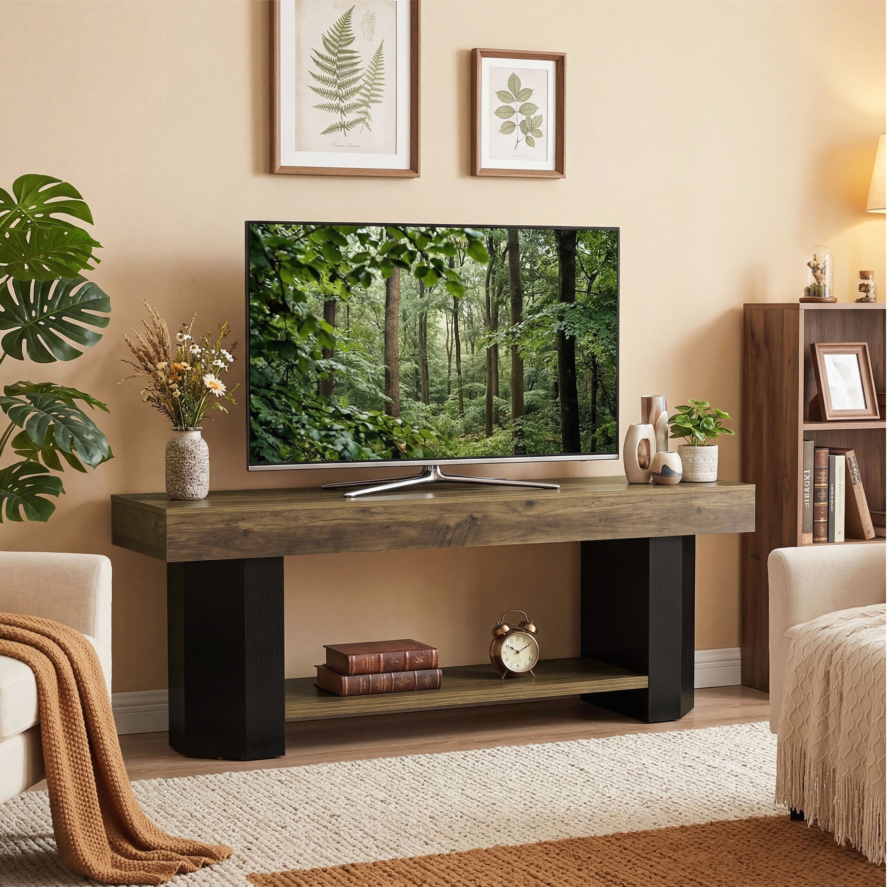 Tribesigns 63" TV Stand, Farmhouse TV Console with Shelf for Living Room