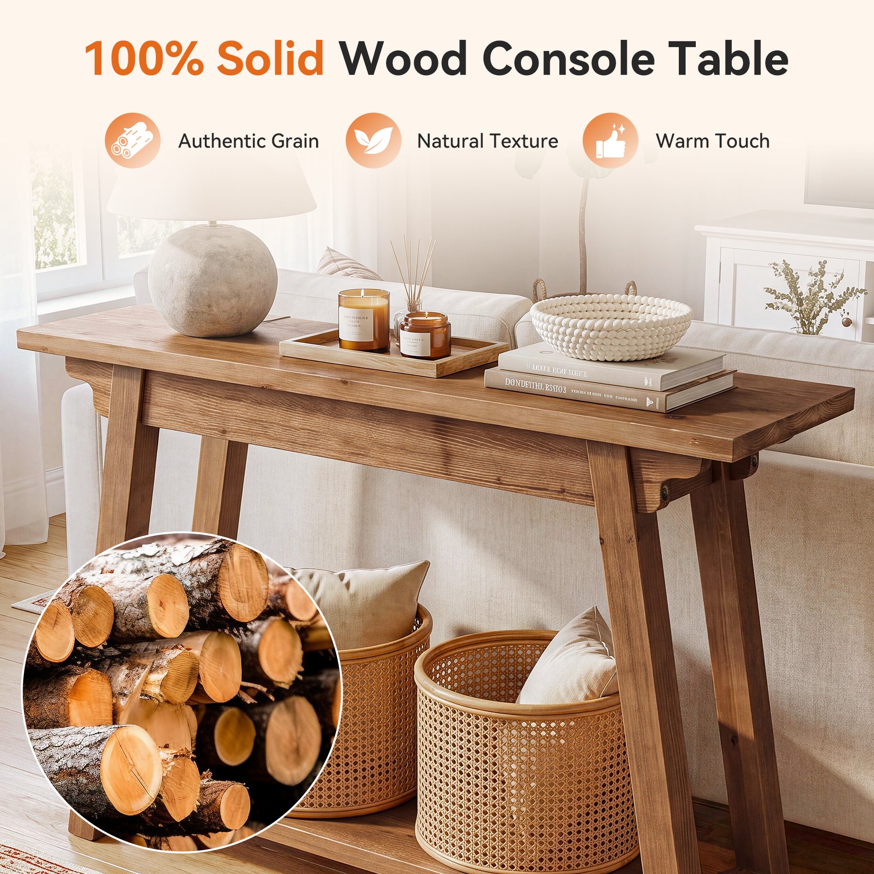 41.3" Solid Wood Console Table, 2-Tier Farmhouse Entryway Table with Stable A-Frame