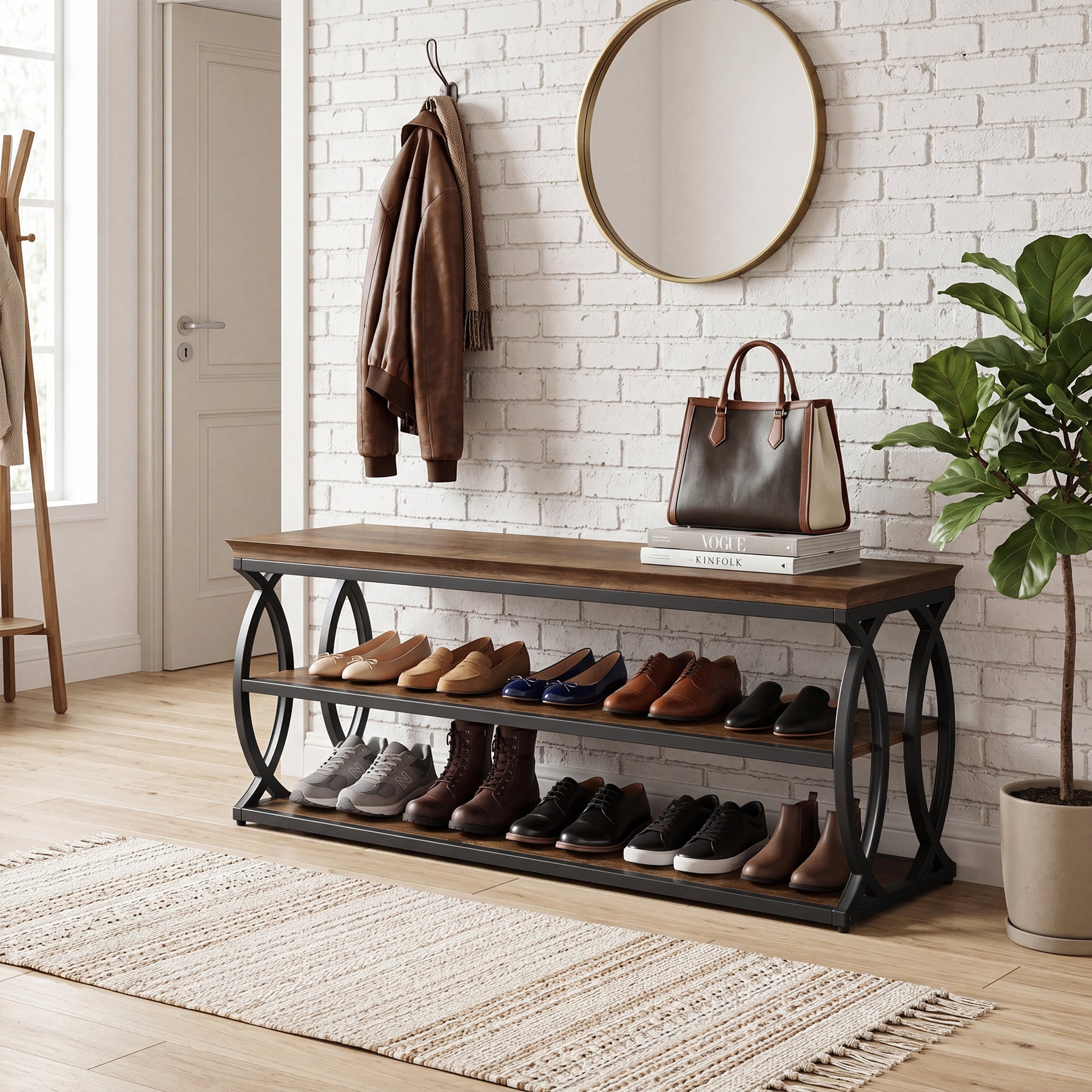 Shoe Storage Bench with 3-Tier Rack, Industrial Wooden Shoe Organizer for Hallway Living Room Closet