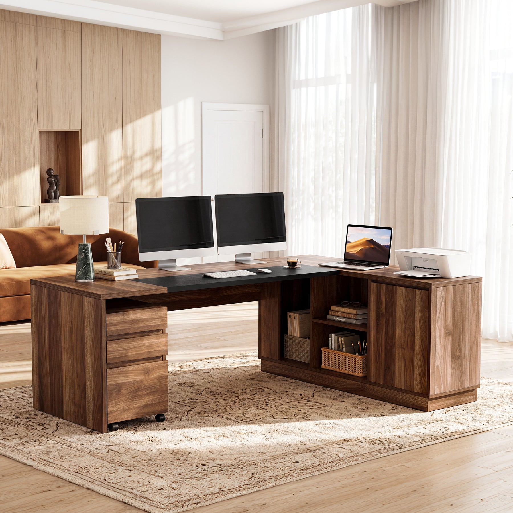 78.7" L-Shaped Executive Desk, Large Office Desk with Mobile Filing Cabinet