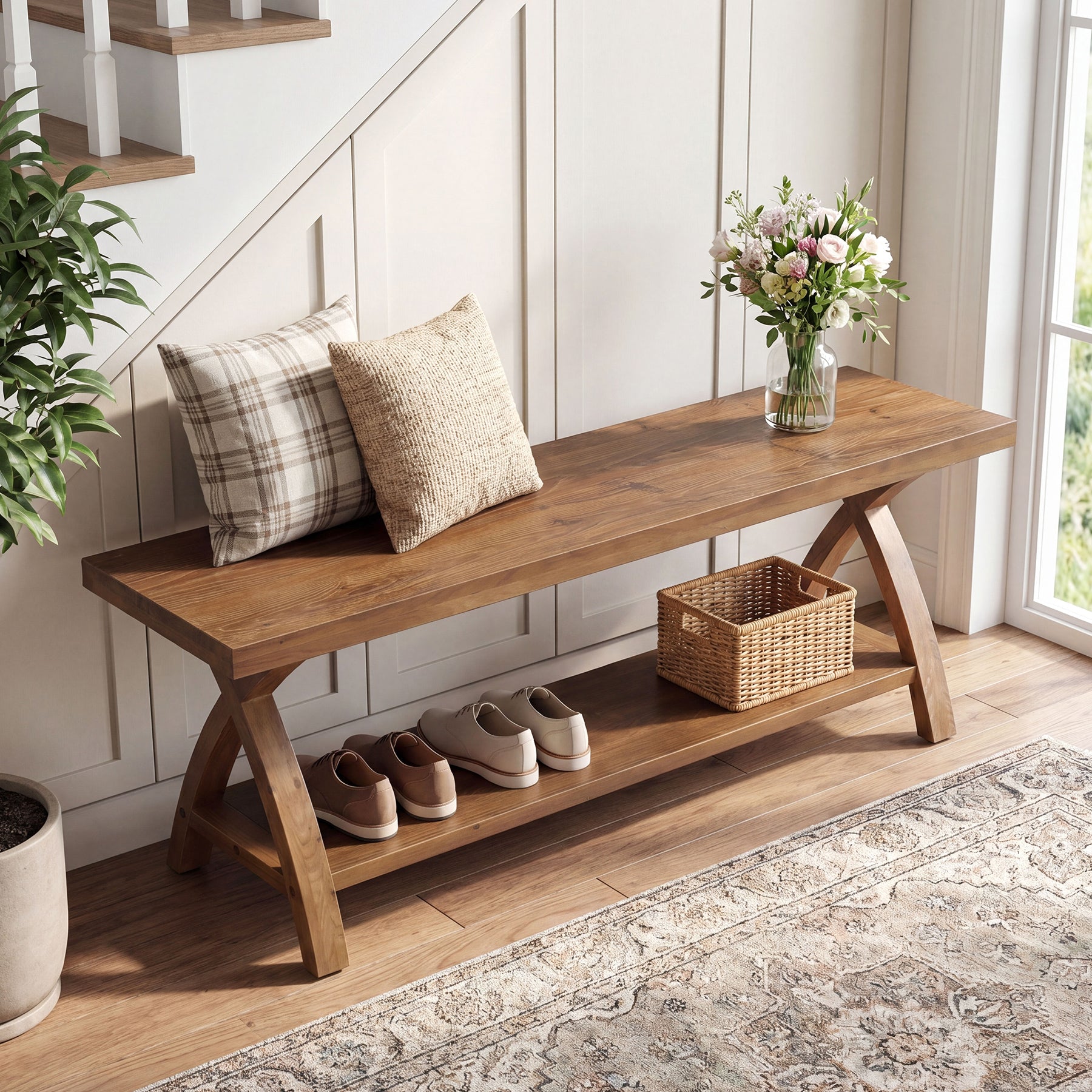 47.2-Inch Solid Wood Entryway Bench with Shoe Storage, 2-Tier Rustic Indoor End of Bed Bench