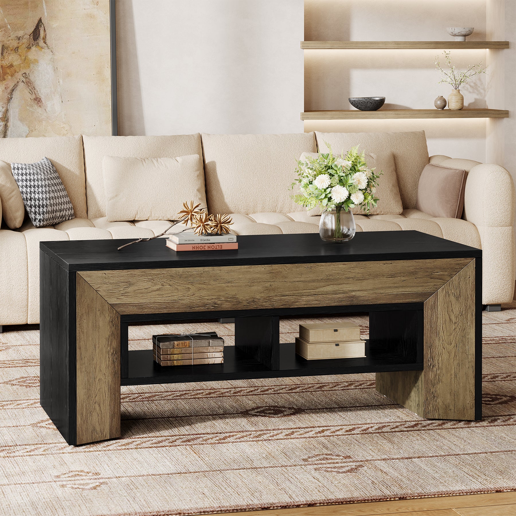 47" Modern Coffee Table, Rectangular Center Table with 2-Tier Storage