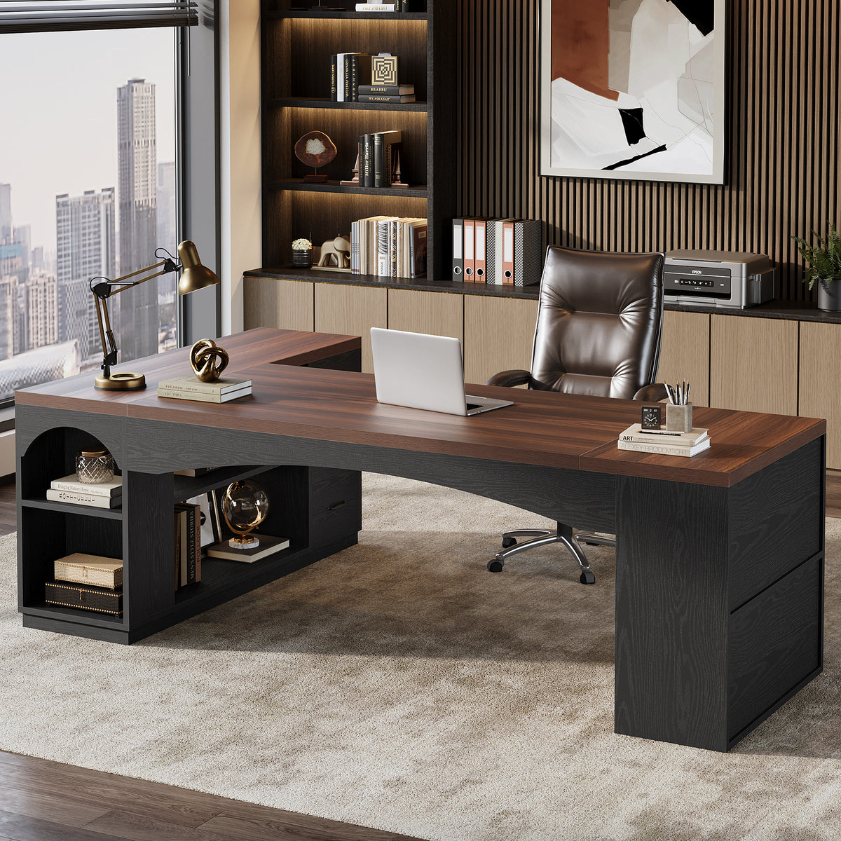 87" L-Shaped Executive Desk, 3 Drawers & Storage Cabinet, Modern Home Office Desk