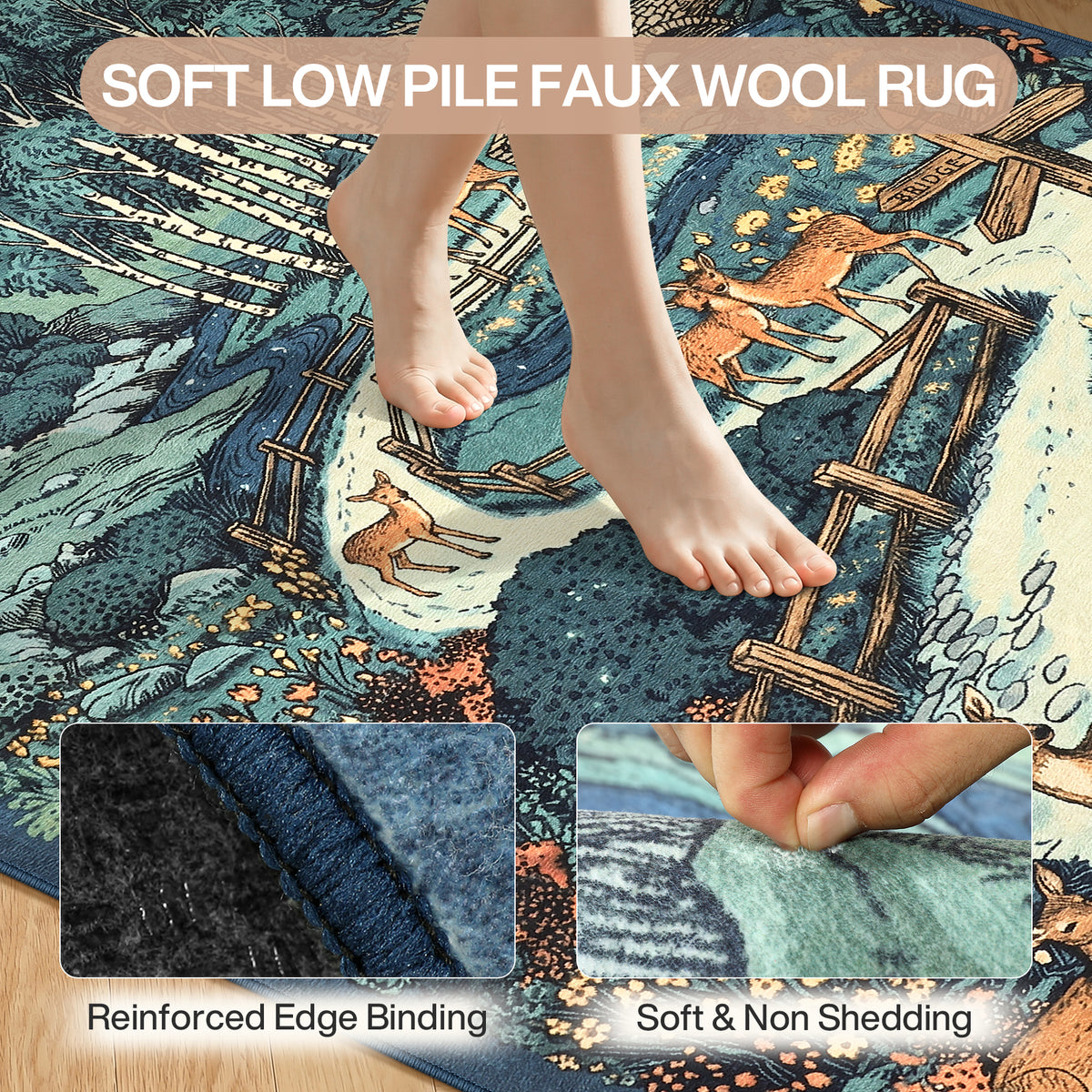 Washable Area Rug, Forest Deer Illustration Print, Non-Slip Soft Low-Pile, Living Room Animal Rug