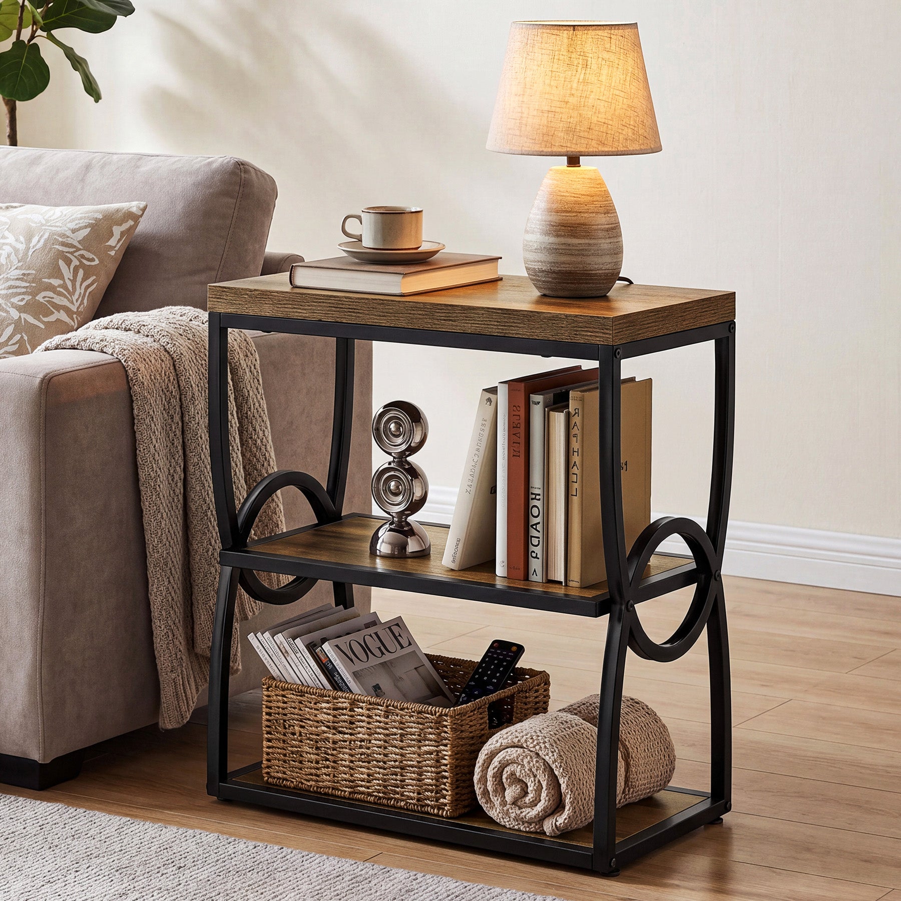 Tribesigns 25.59-Inch Industrial Narrow End Table with 3 Open Shelves, Slim Side Table for Small Spaces