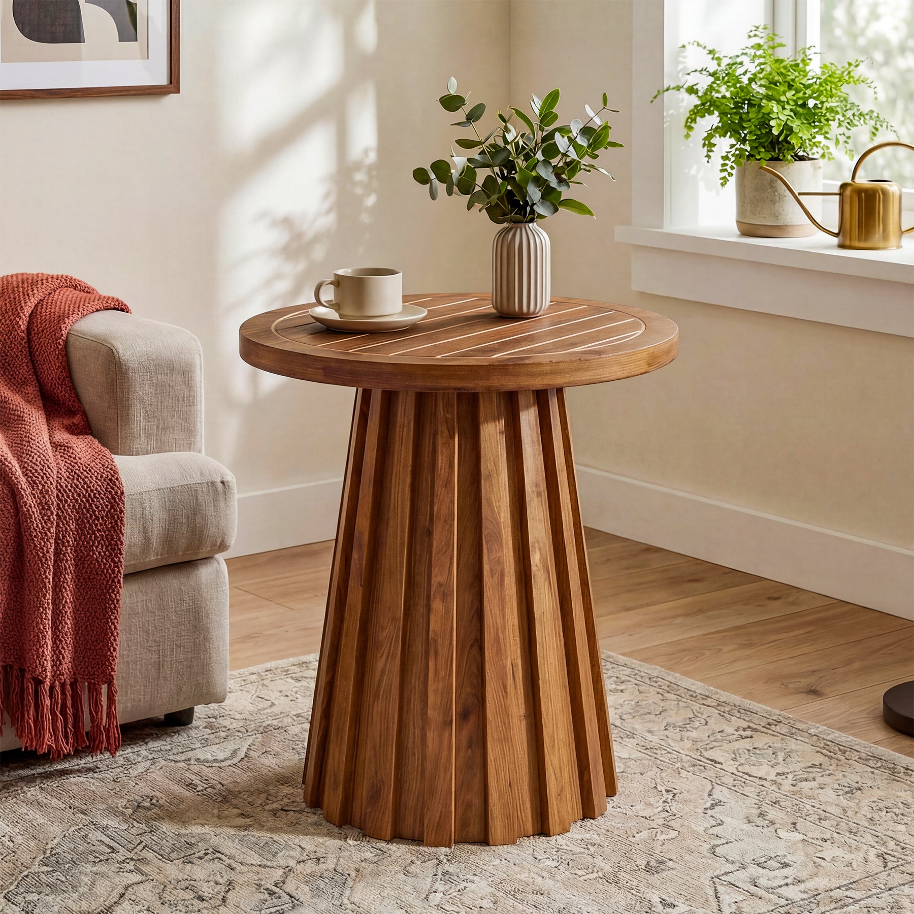 20" Round Side Table, Solid Wood End Table with Fluted Base for Living Room