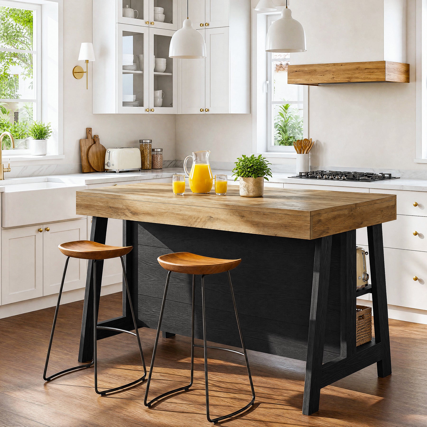 55" Kitchen Island with 3-Tier Storage, Farmhouse Stationary Island Table for Kitchen
