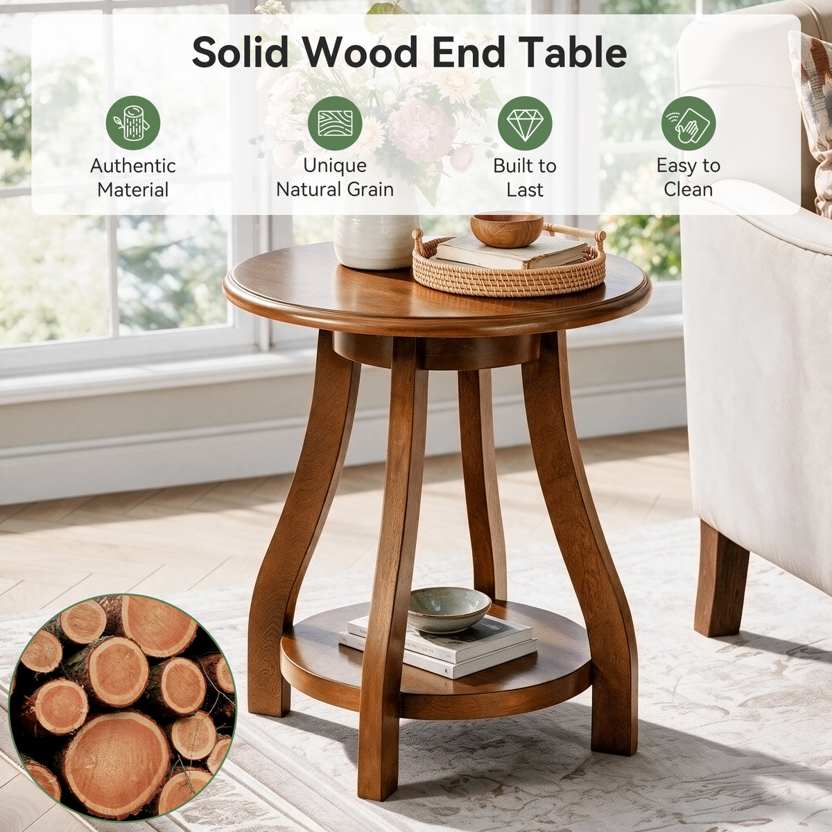 Solid Wood Round End Table, 2-Tier Small Side Table with Curved Legs for Living Room