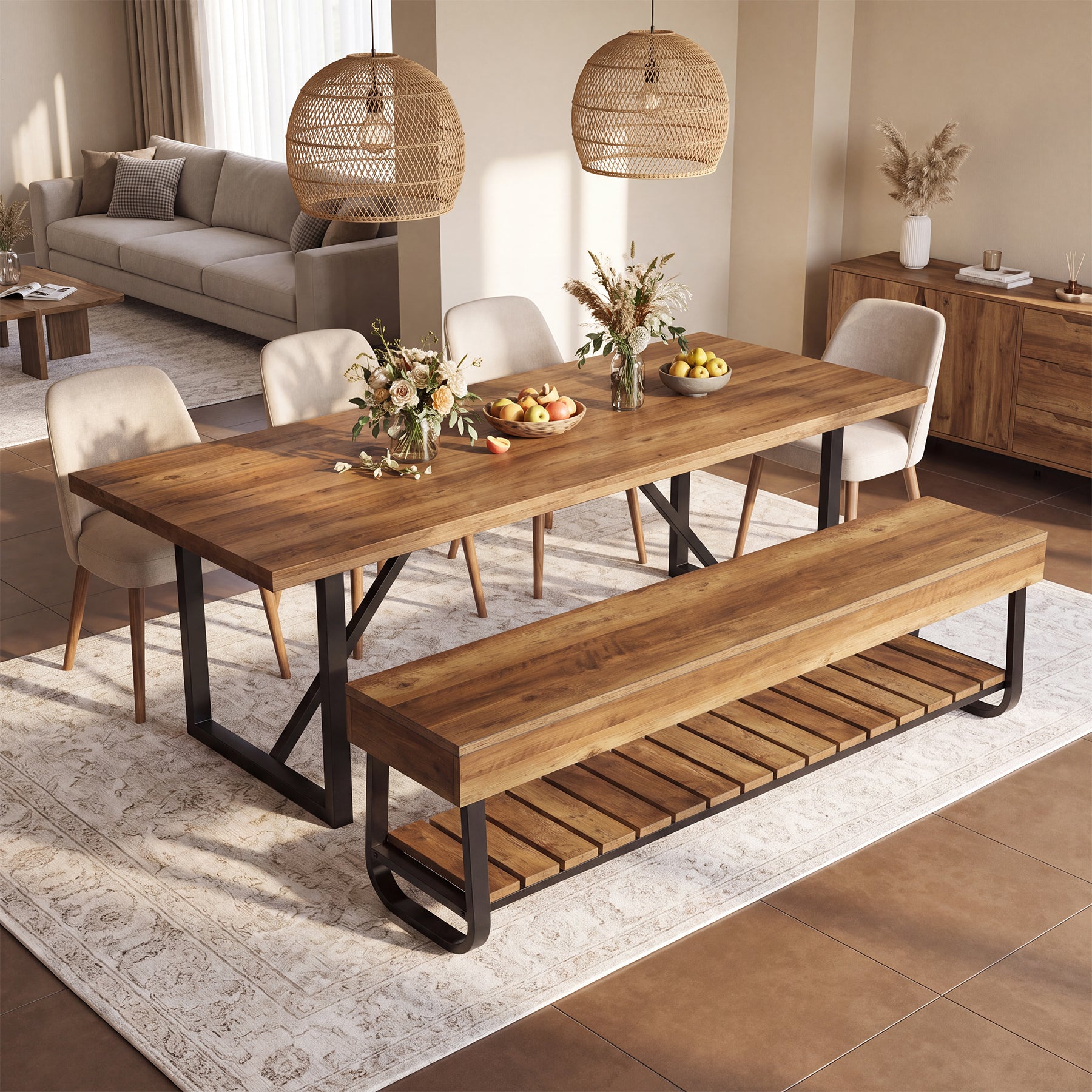63" Dining Bench with Slatted Shelf, Indoor Kitchen Bench with Metal Frame