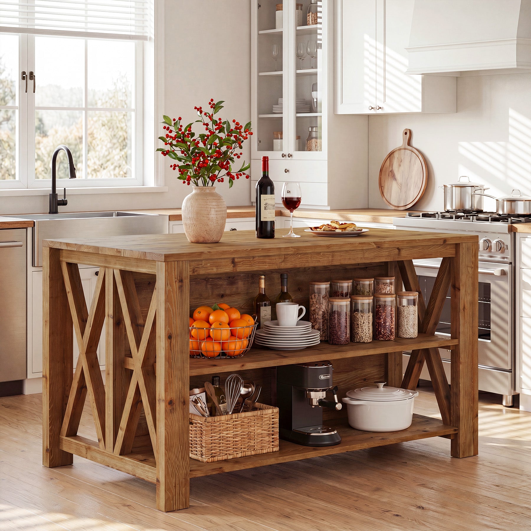 55" Solid Wood Kitchen Island, 3-Tier Stationary Storage Table For Kitchen Dining Room