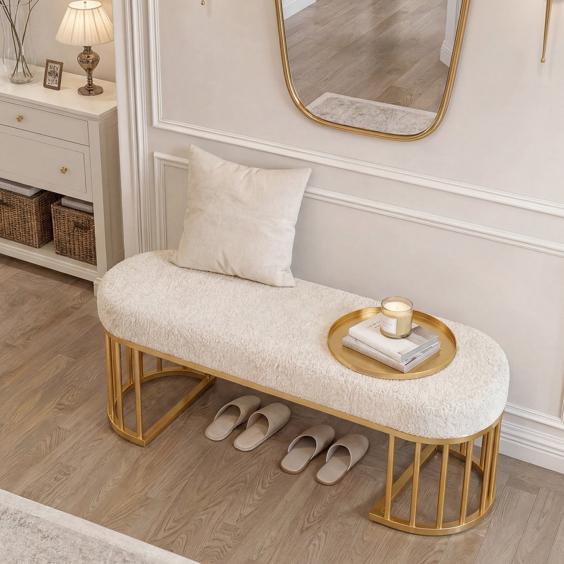 47.24" Upholstered Shoe Bench, Modern Entryway Bench with Sherpa Fabric Seat and Metal Frame