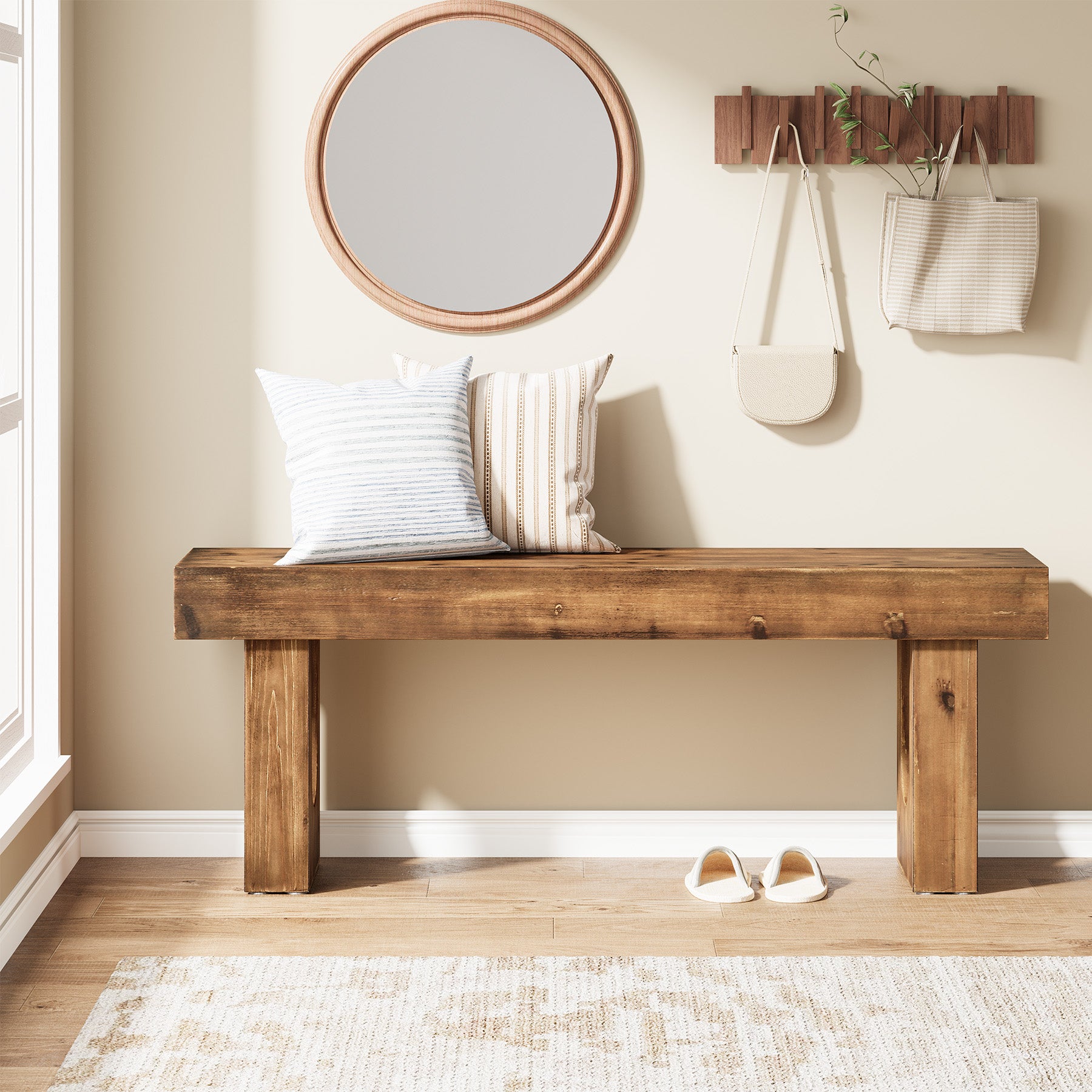 Wood Shoe Bench, 47" Narrow Entryway Bench End of Bed Bench