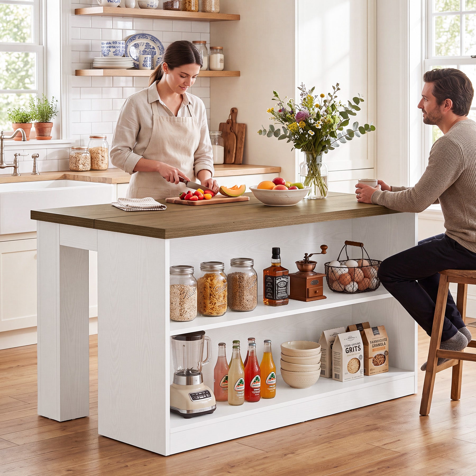55" Farmhouse Kitchen Island, Stationary Island Prep Dining Table with 2-Tier Open Shelves